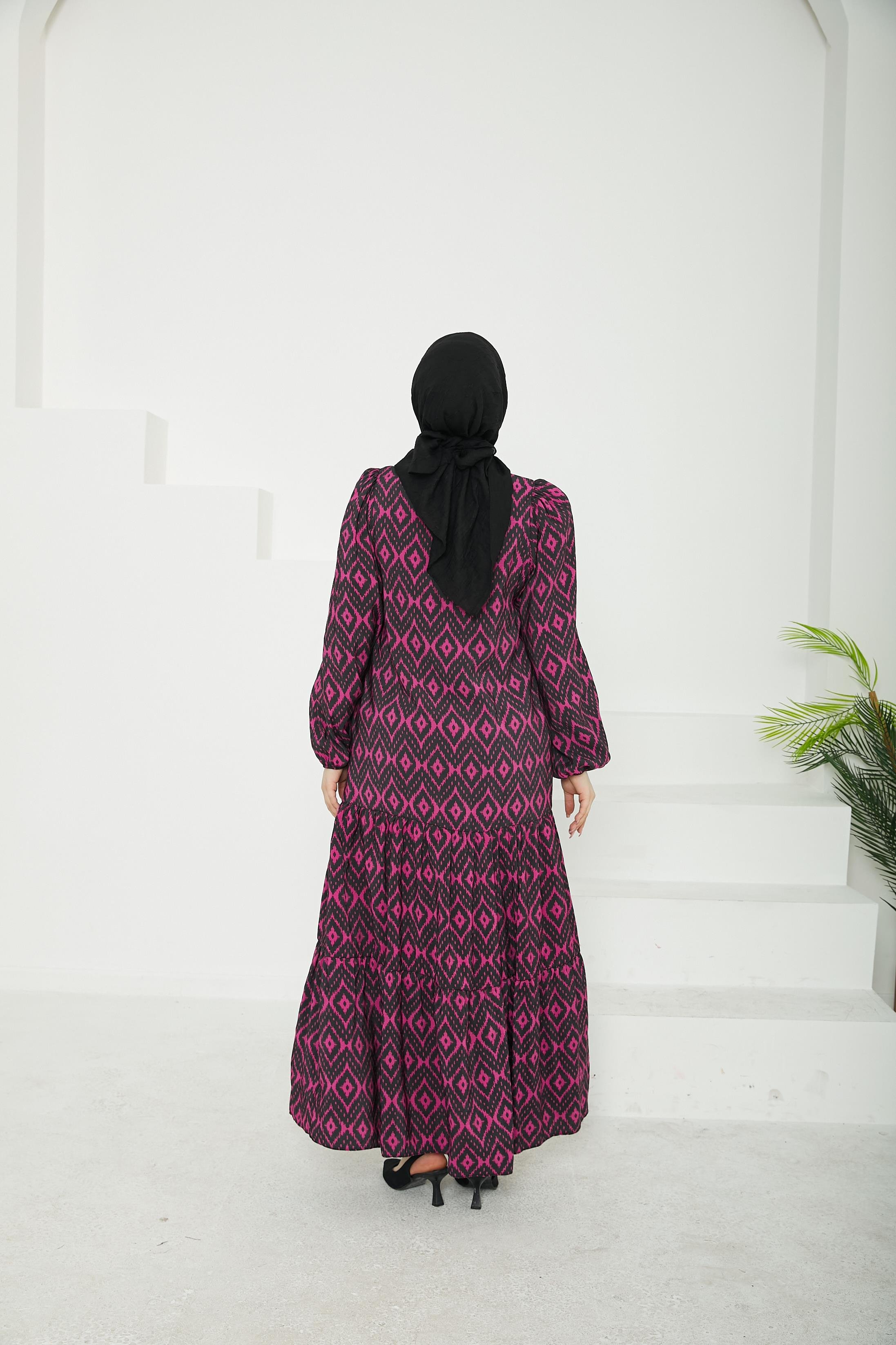 ARMİNE TREND Desenli Elbise-Lacivert-25YT907