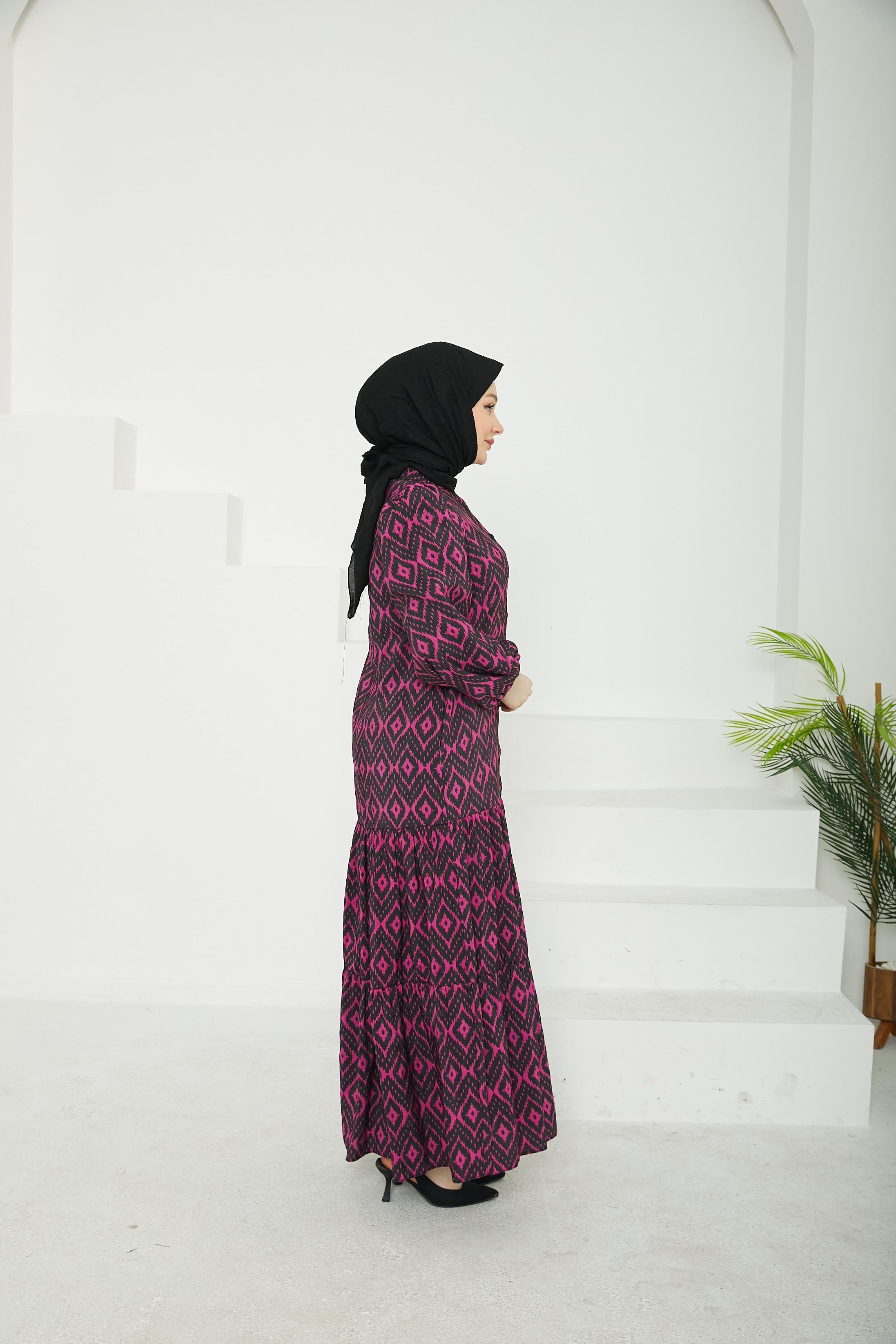 ARMİNE TREND Desenli Elbise-Lacivert-25YT907