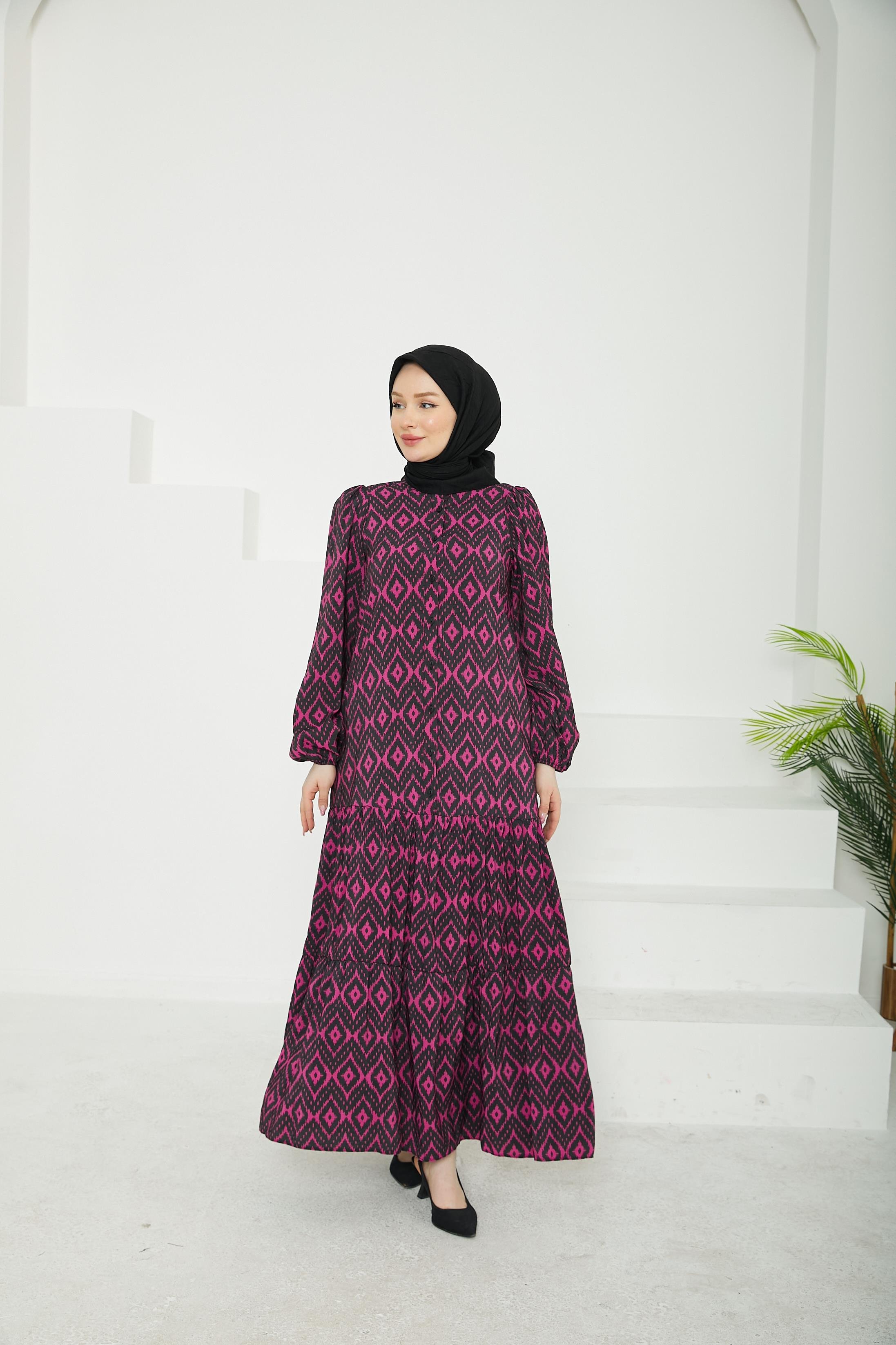 ARMİNE TREND Desenli Elbise-Lacivert-25YT907