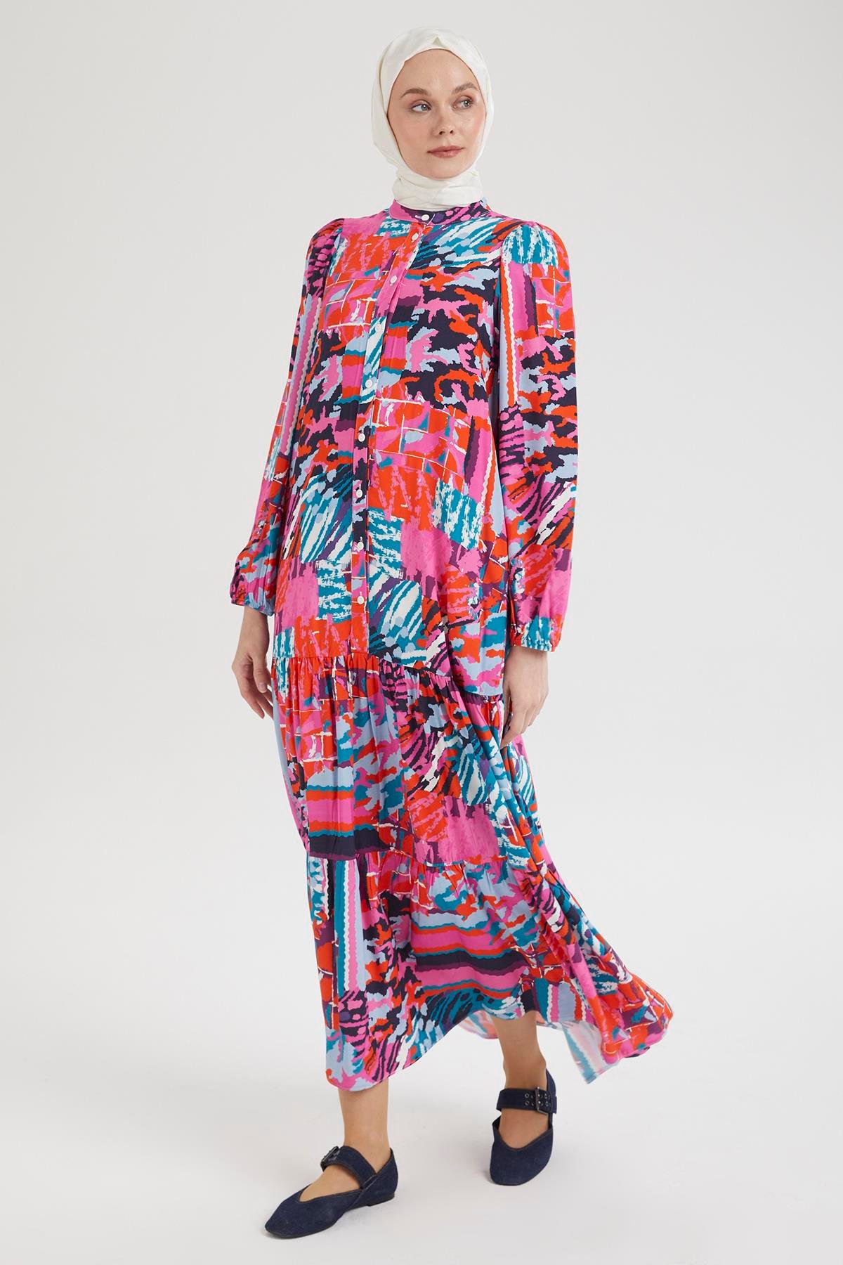 ARMİNE TREND Desenli Renkli Elbise Pembe 24YT952
