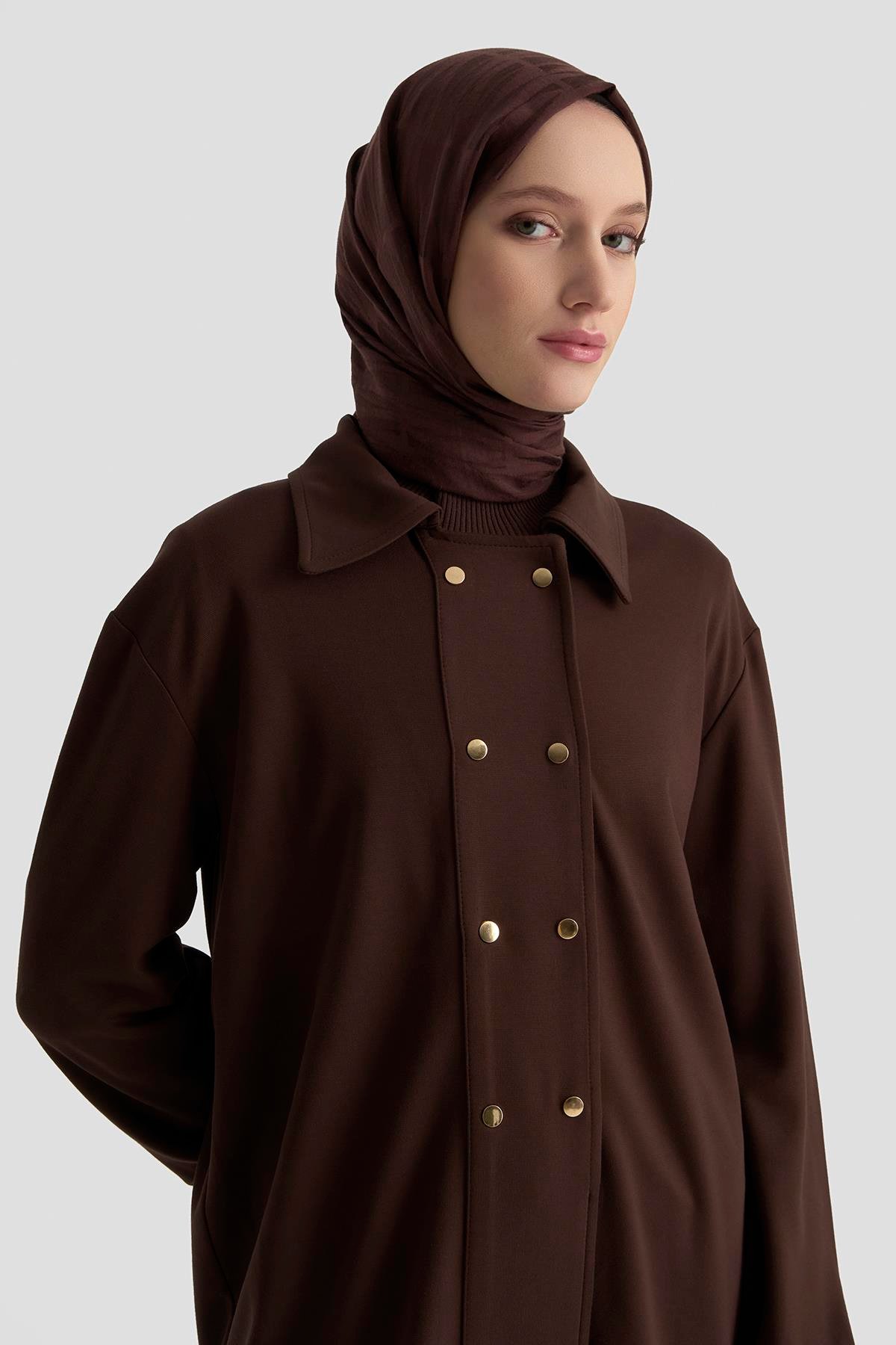 ARMİNE TREND Etek Ucu Lastikli Çıtçıtlı Gömlek Yaka Tunik Kahverengi 25KT422