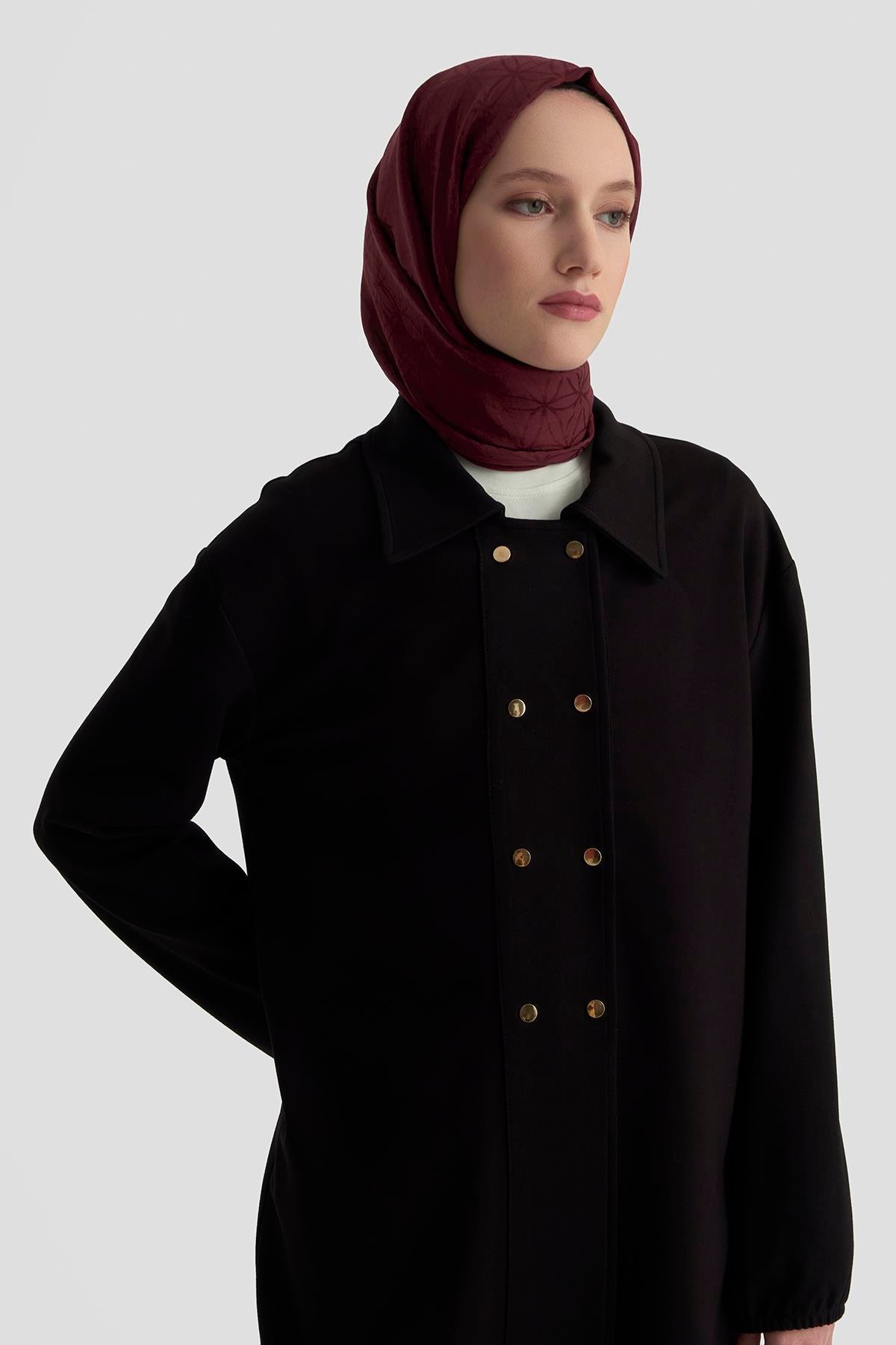 ARMİNE TREND Etek Ucu Lastikli Çıtçıtlı Gömlek Yaka Tunik Siyah 25KT422