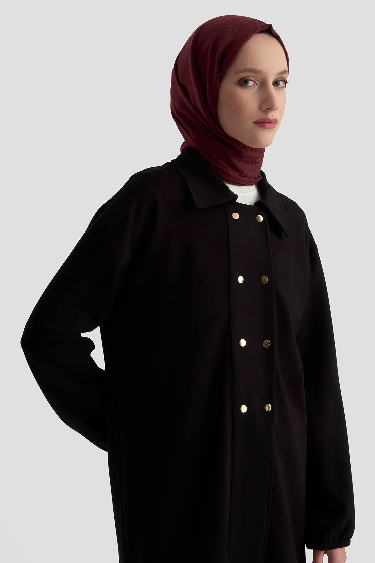 ARMİNE TREND Etek Ucu Lastikli Çıtçıtlı Gömlek Yaka Tunik Siyah 25KT422