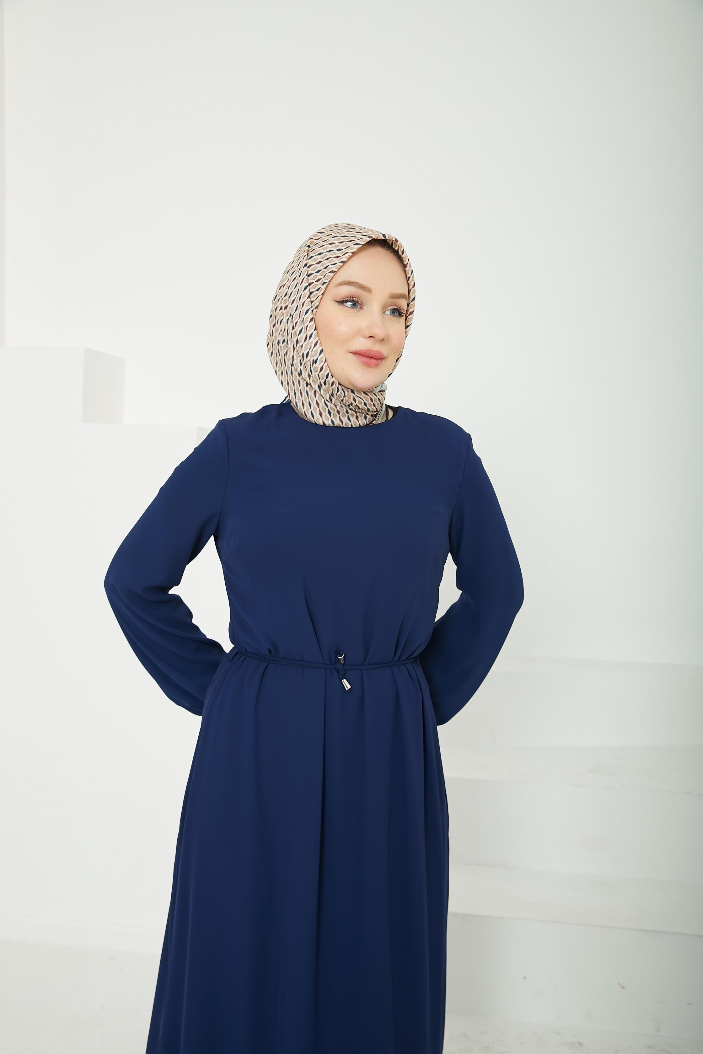 ARMİNE TREND Etek Ucu Tül Desenli Fermuarlı Elbise-Lacivert-25YT924
