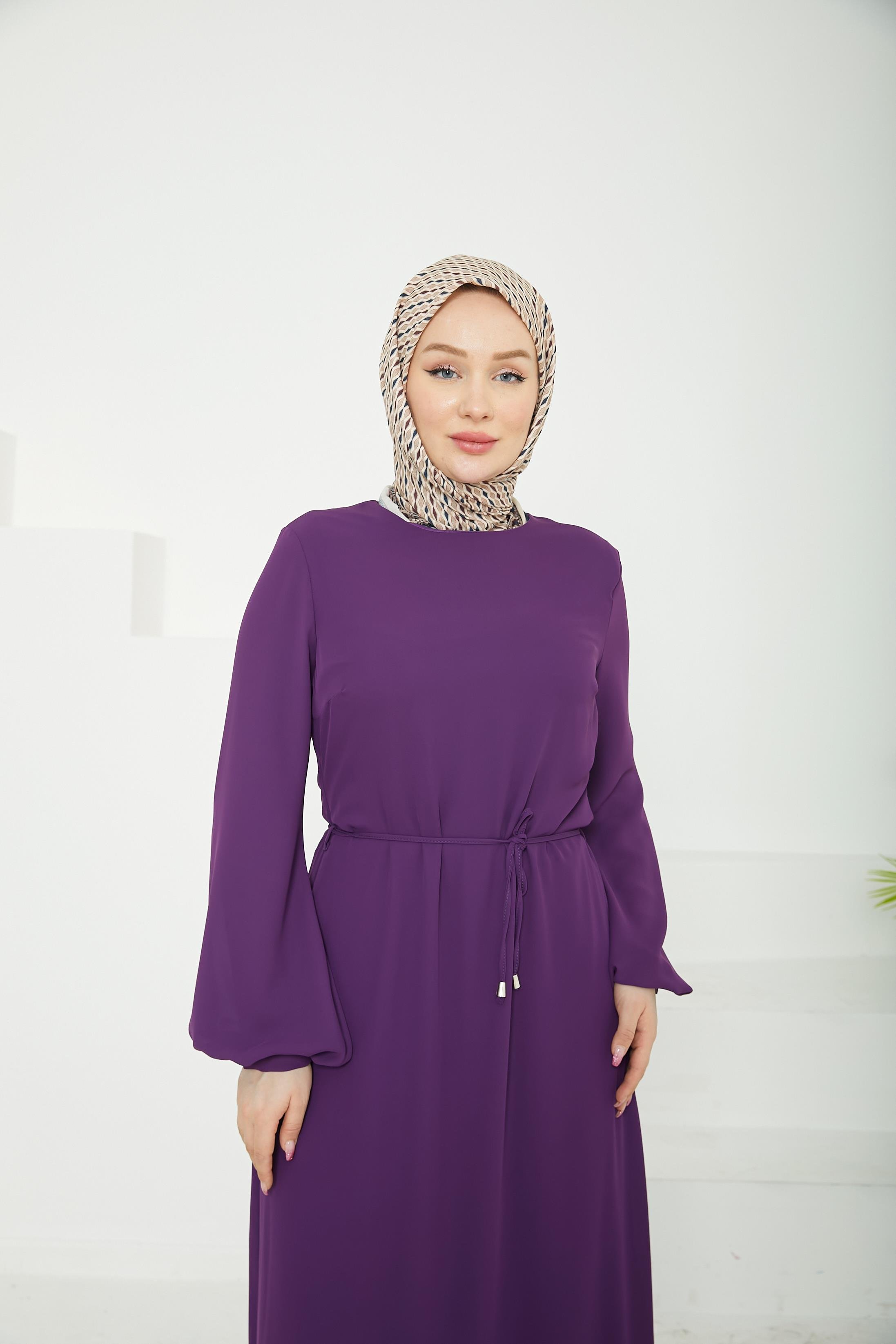 ARMİNE TREND Etek Ucu Tül Desenli Fermuarlı Elbise-Açık Mor-25YT924