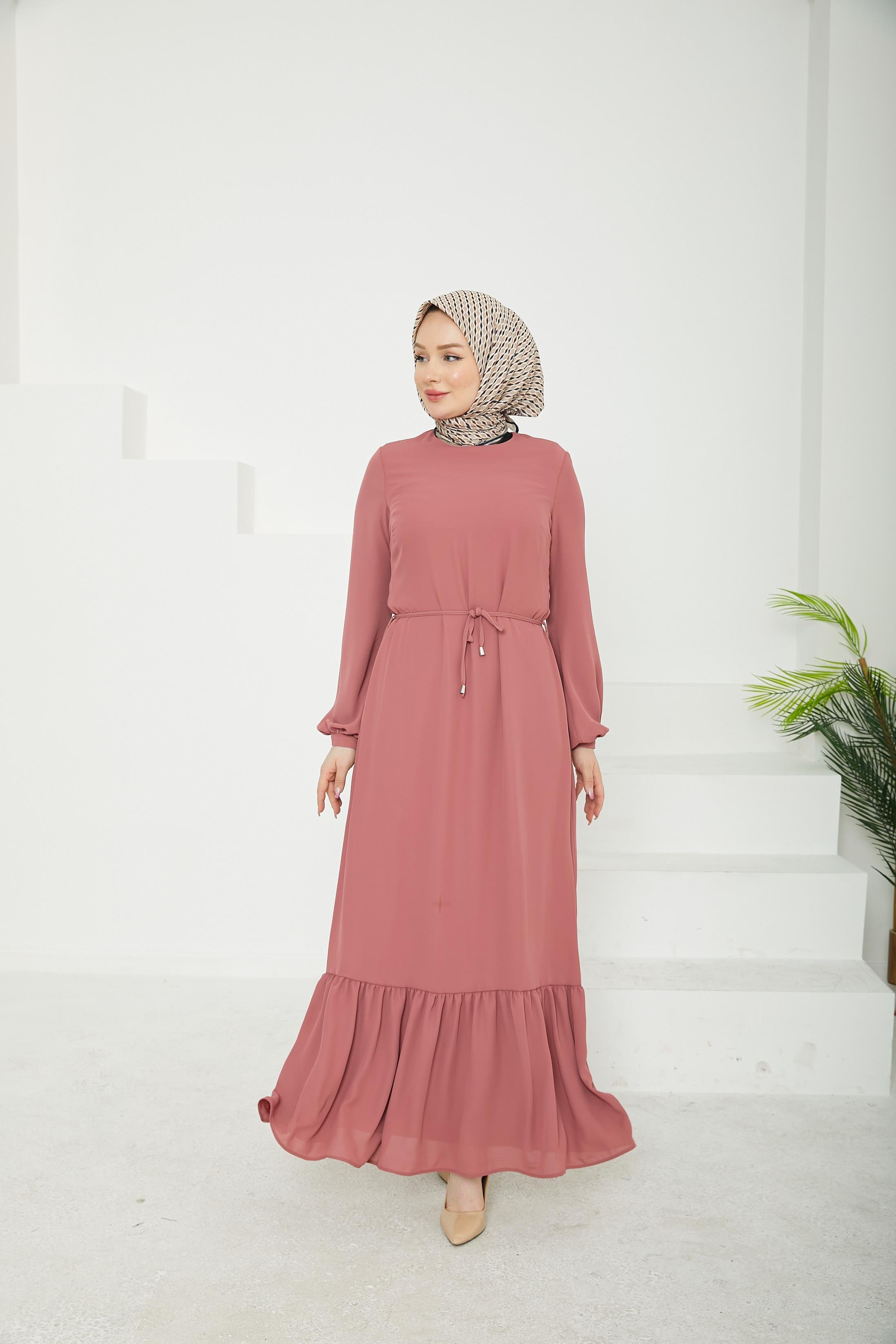 ARMİNE TREND Etek Ucu Tül Desenli Fermuarlı Elbise-Pink-25YT924