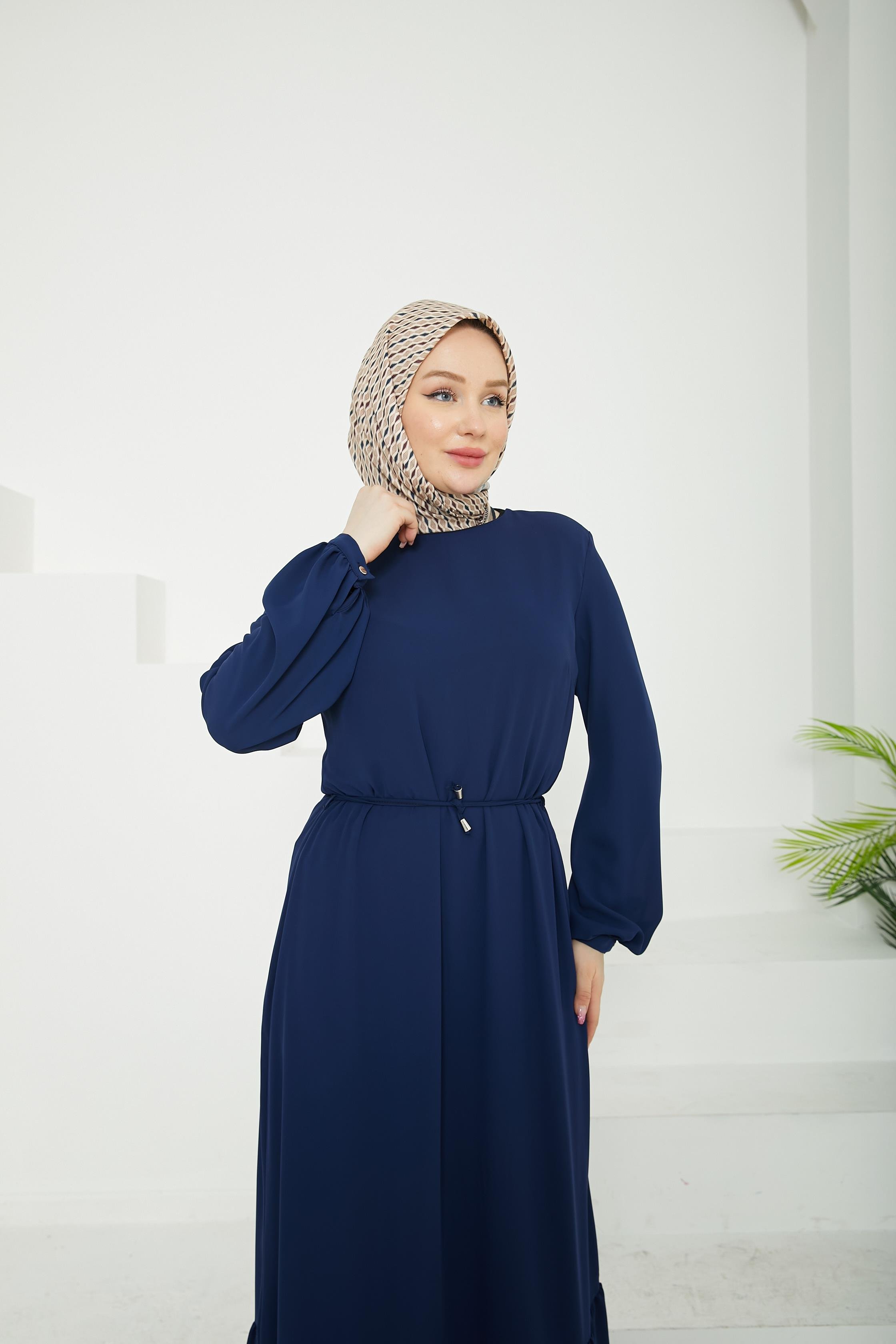 ARMİNE TREND Etek Ucu Tül Desenli Fermuarlı Elbise-Lacivert-25YT924