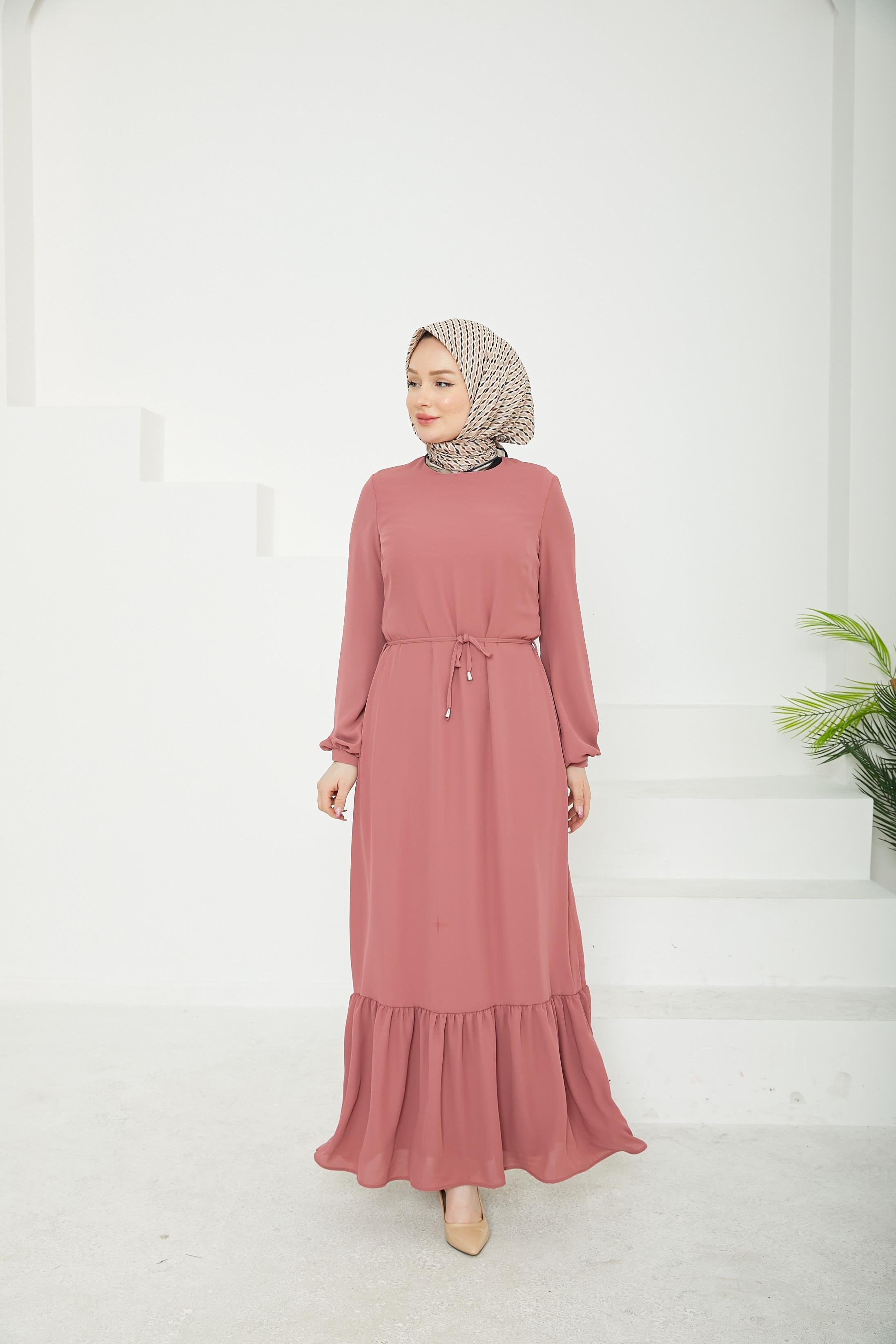 ARMİNE TREND Etek Ucu Tül Desenli Fermuarlı Elbise-Pink-25YT924