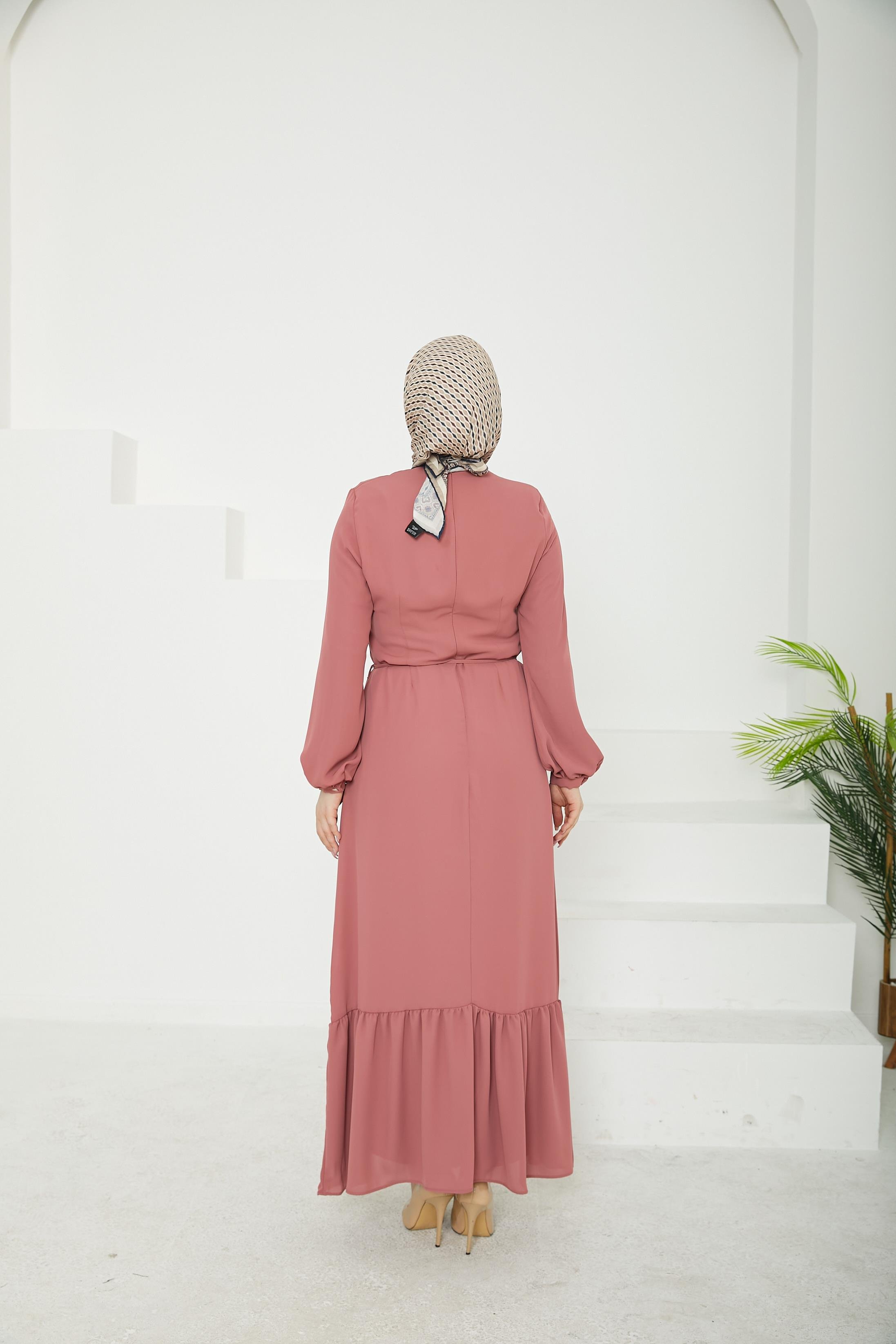ARMİNE TREND Etek Ucu Tül Desenli Fermuarlı Elbise-Pink-25YT924