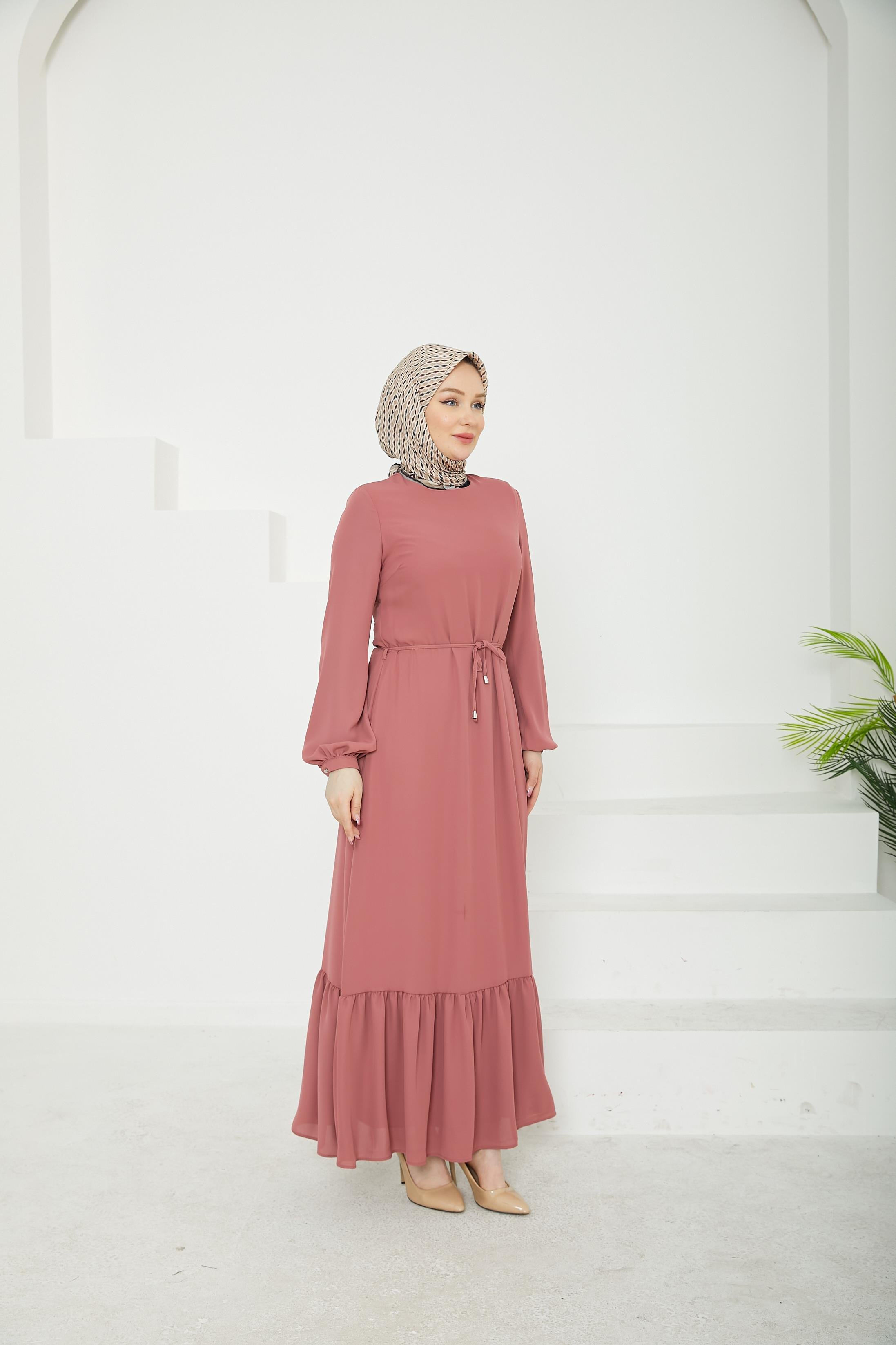 ARMİNE TREND Etek Ucu Tül Desenli Fermuarlı Elbise-Pink-25YT924