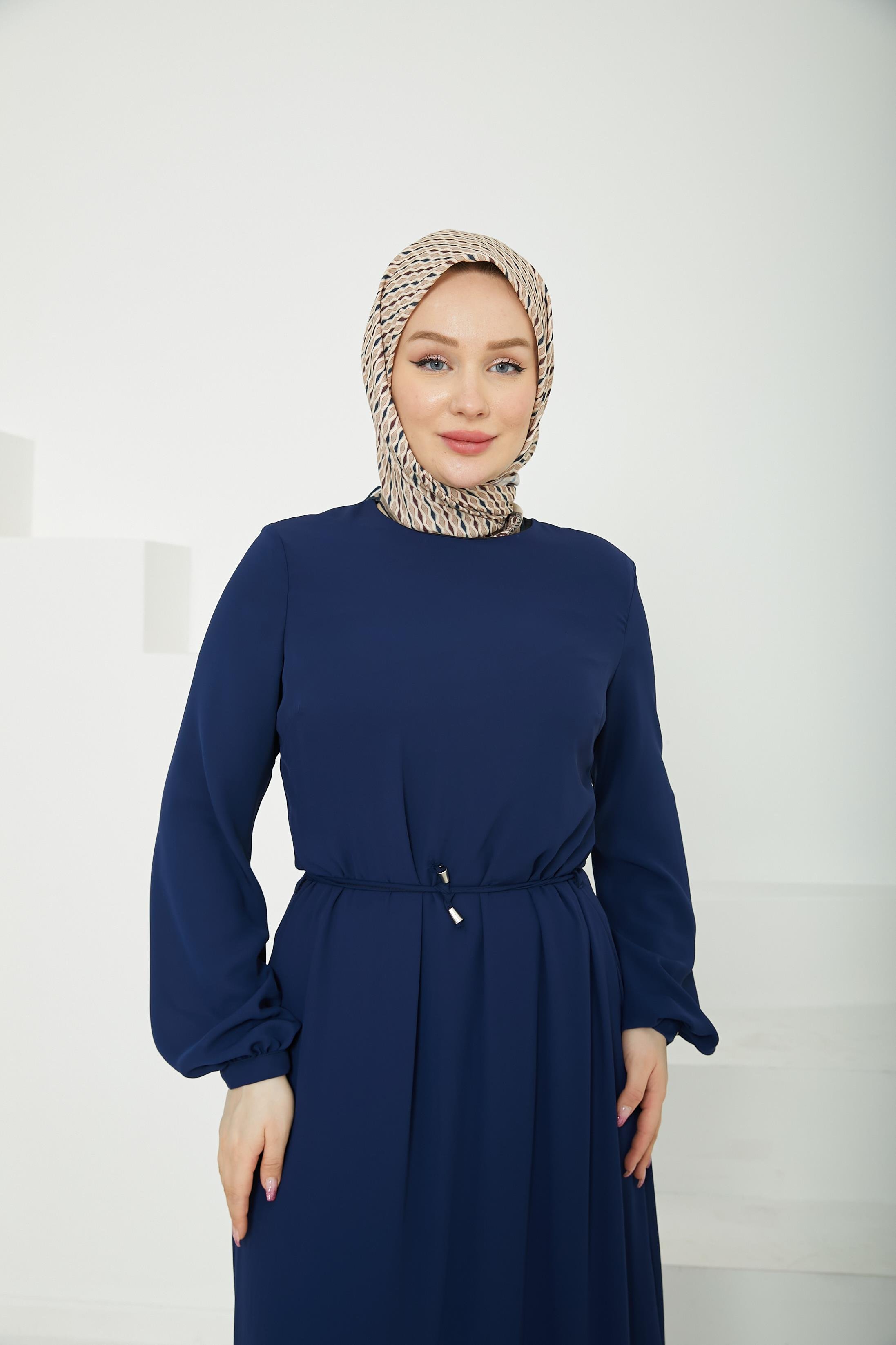 ARMİNE TREND Etek Ucu Tül Desenli Fermuarlı Elbise-Lacivert-25YT924