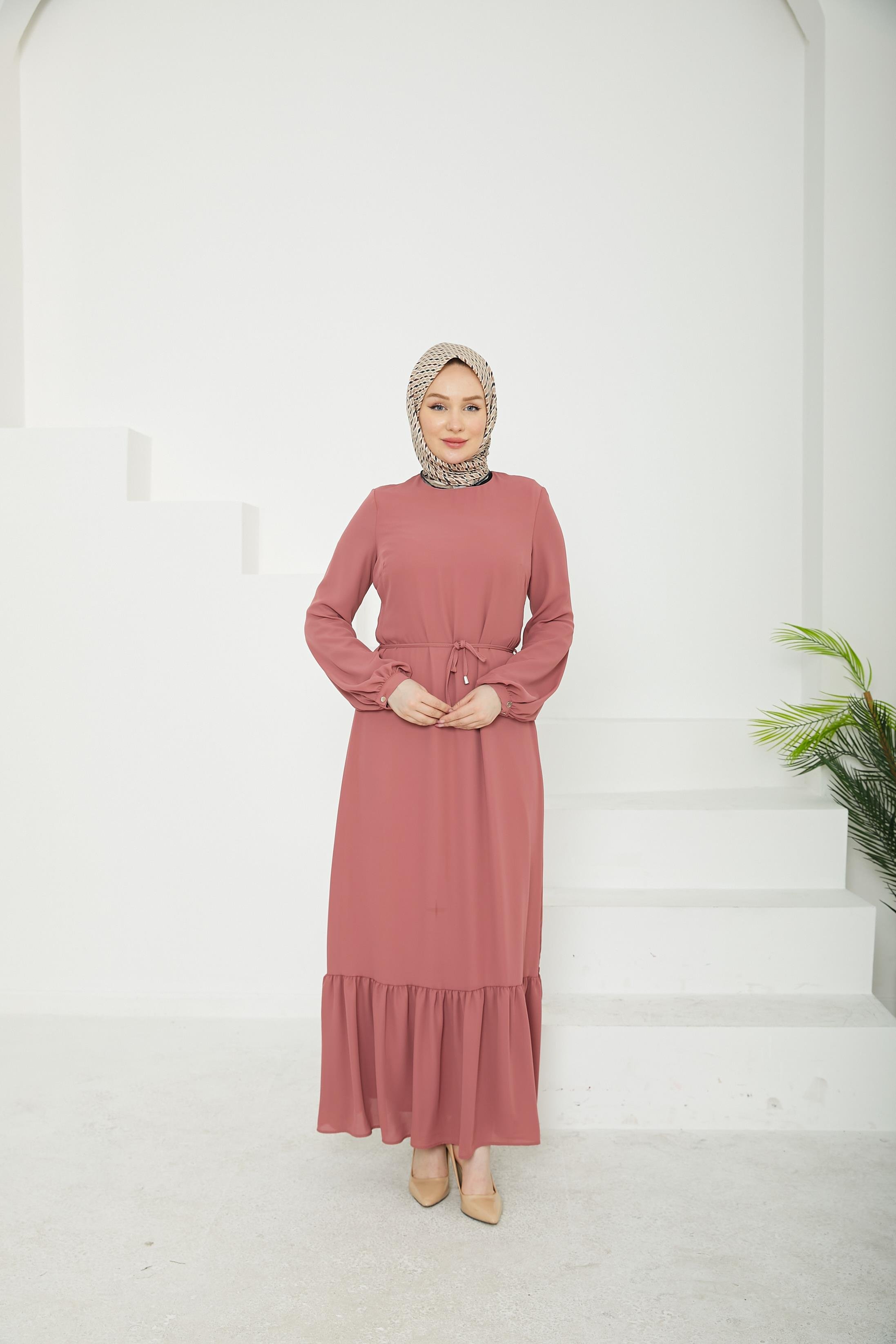 ARMİNE TREND Etek Ucu Tül Desenli Fermuarlı Elbise-Pink-25YT924
