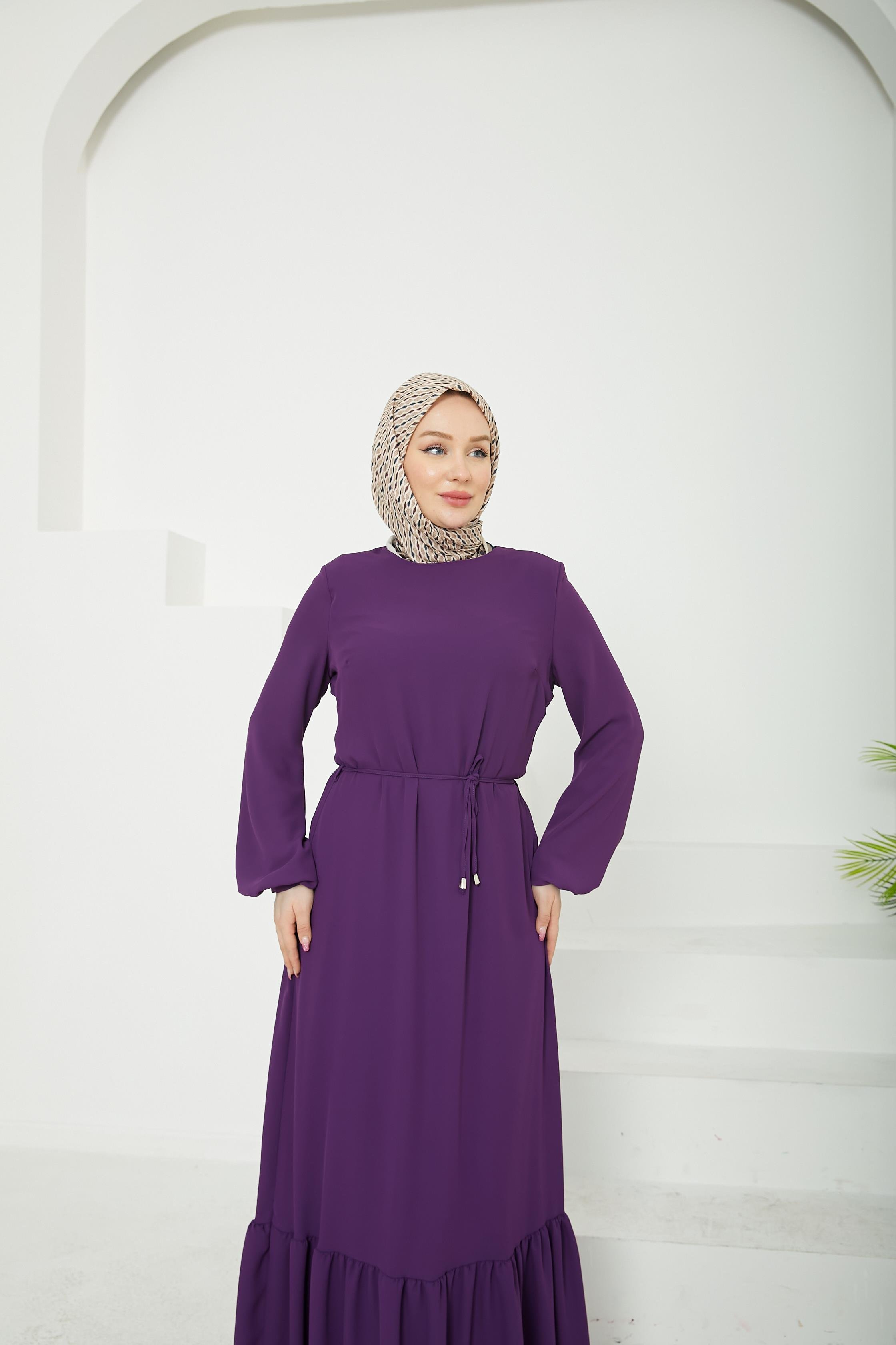ARMİNE TREND Etek Ucu Tül Desenli Fermuarlı Elbise-Açık Mor-25YT924