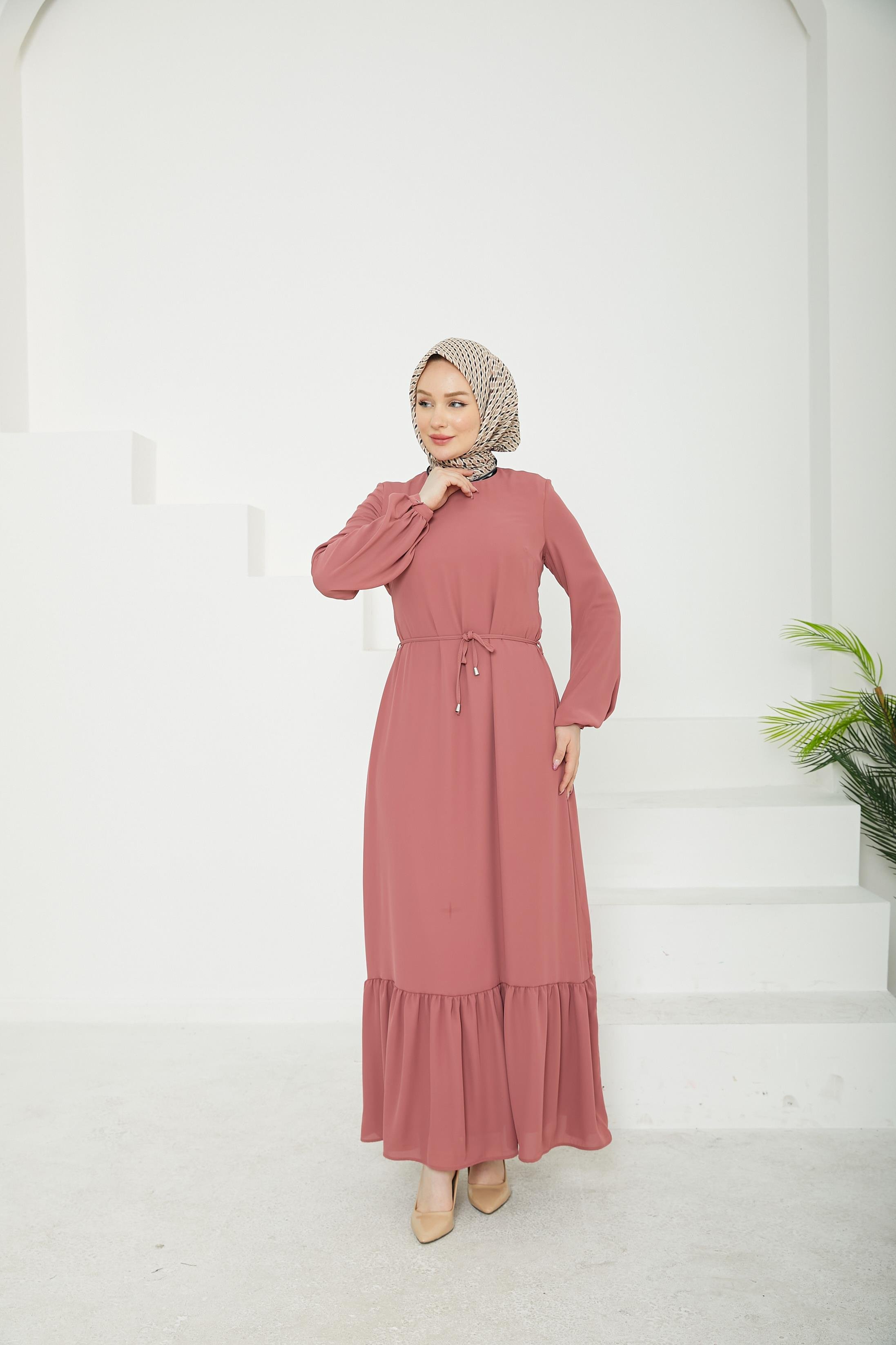 ARMİNE TREND Etek Ucu Tül Desenli Fermuarlı Elbise-Pink-25YT924