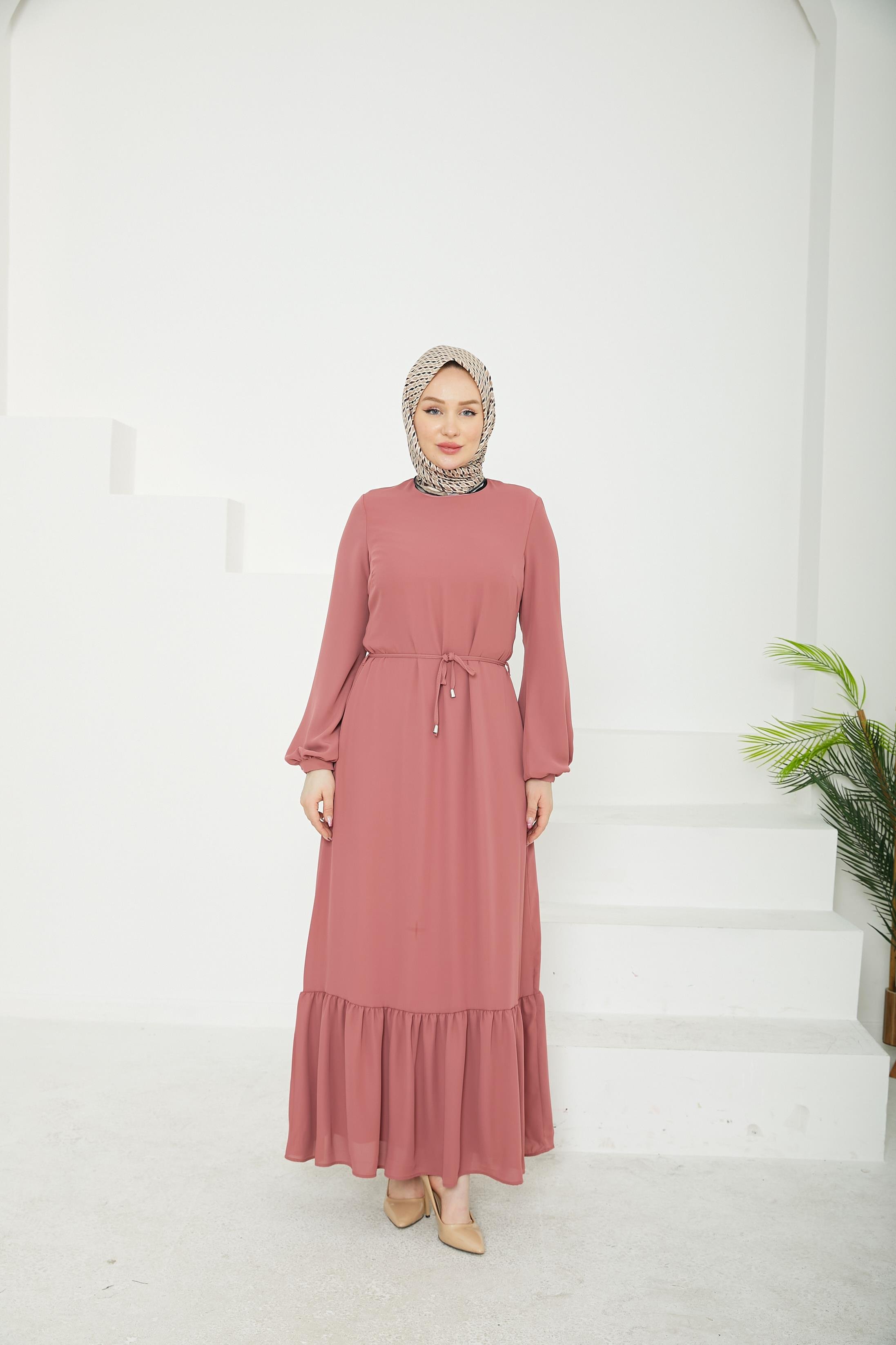 ARMİNE TREND Etek Ucu Tül Desenli Fermuarlı Elbise-Pink-25YT924