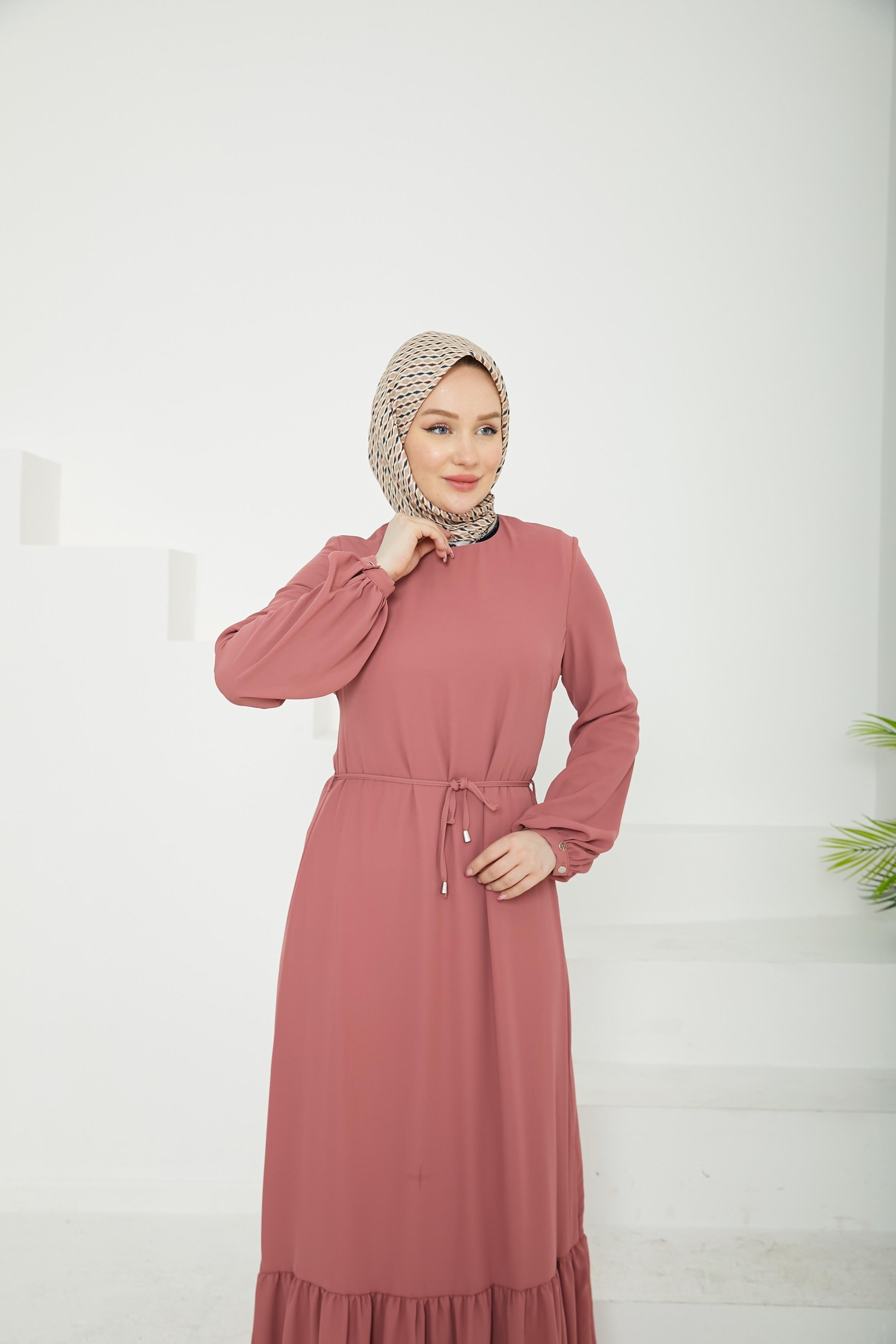 ARMİNE TREND Etek Ucu Tül Desenli Fermuarlı Elbise-Pink-25YT924