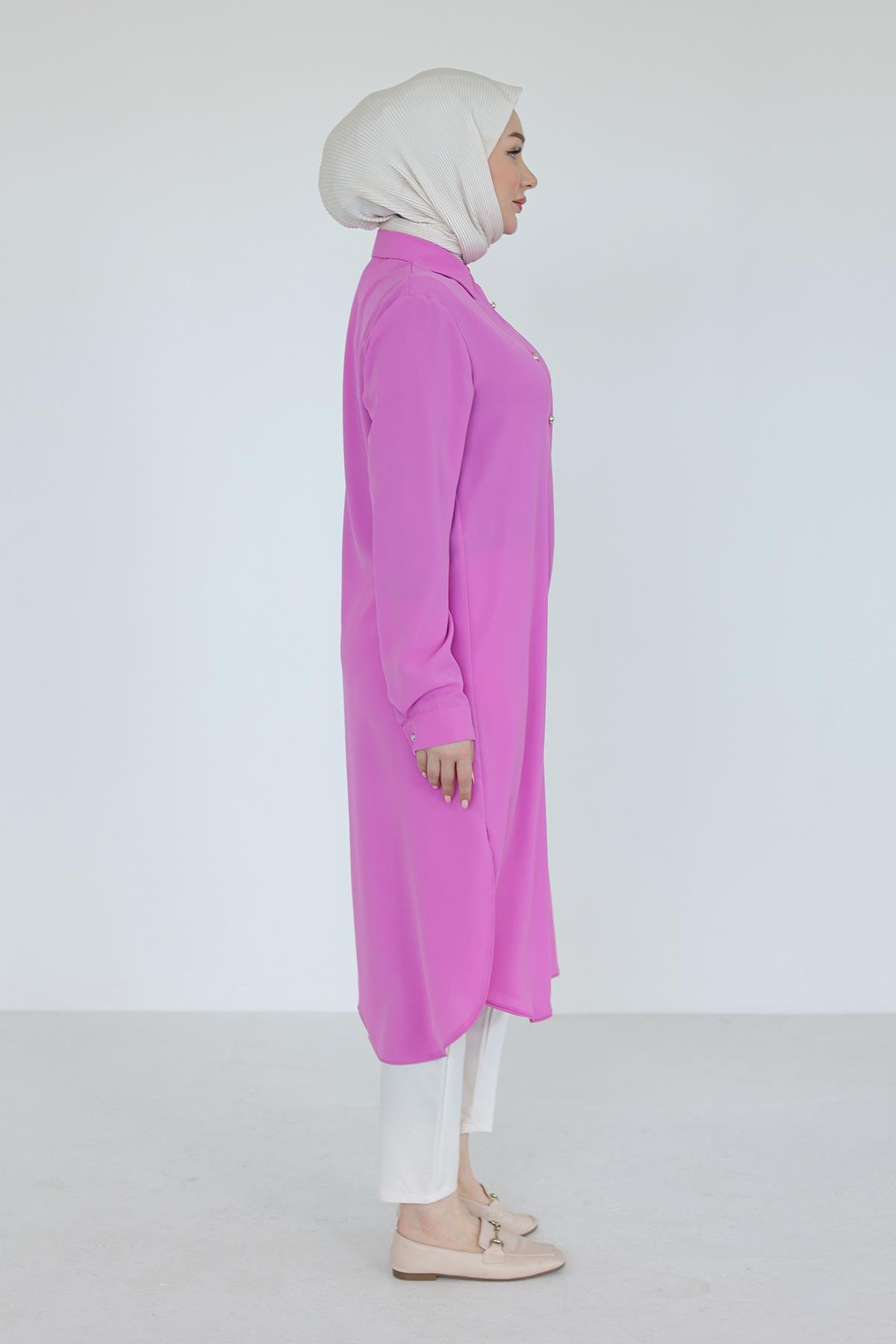 ARMİNE TREND Gömlek Yaka Boydan Düğmeli Tunik-Pembe 25YT448