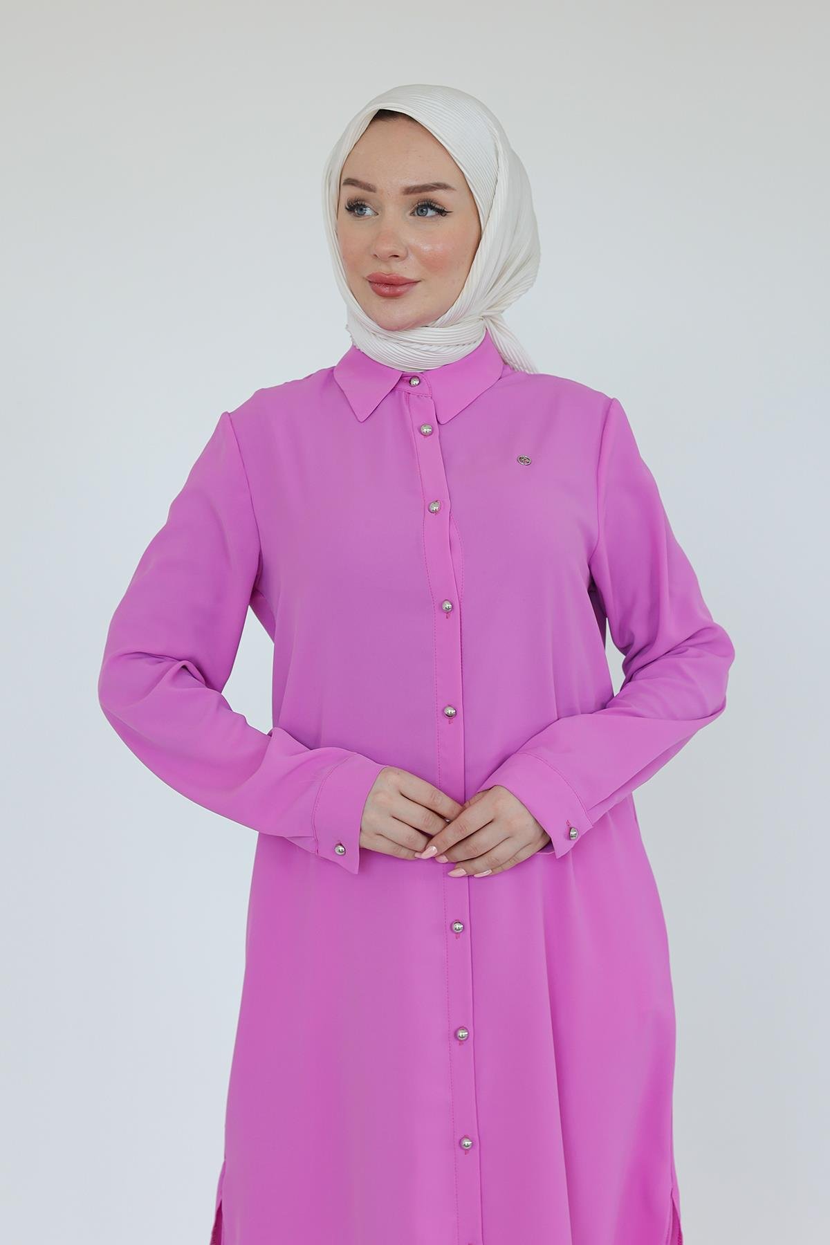 ARMİNE TREND Gömlek Yaka Boydan Düğmeli Tunik-Pembe 25YT448