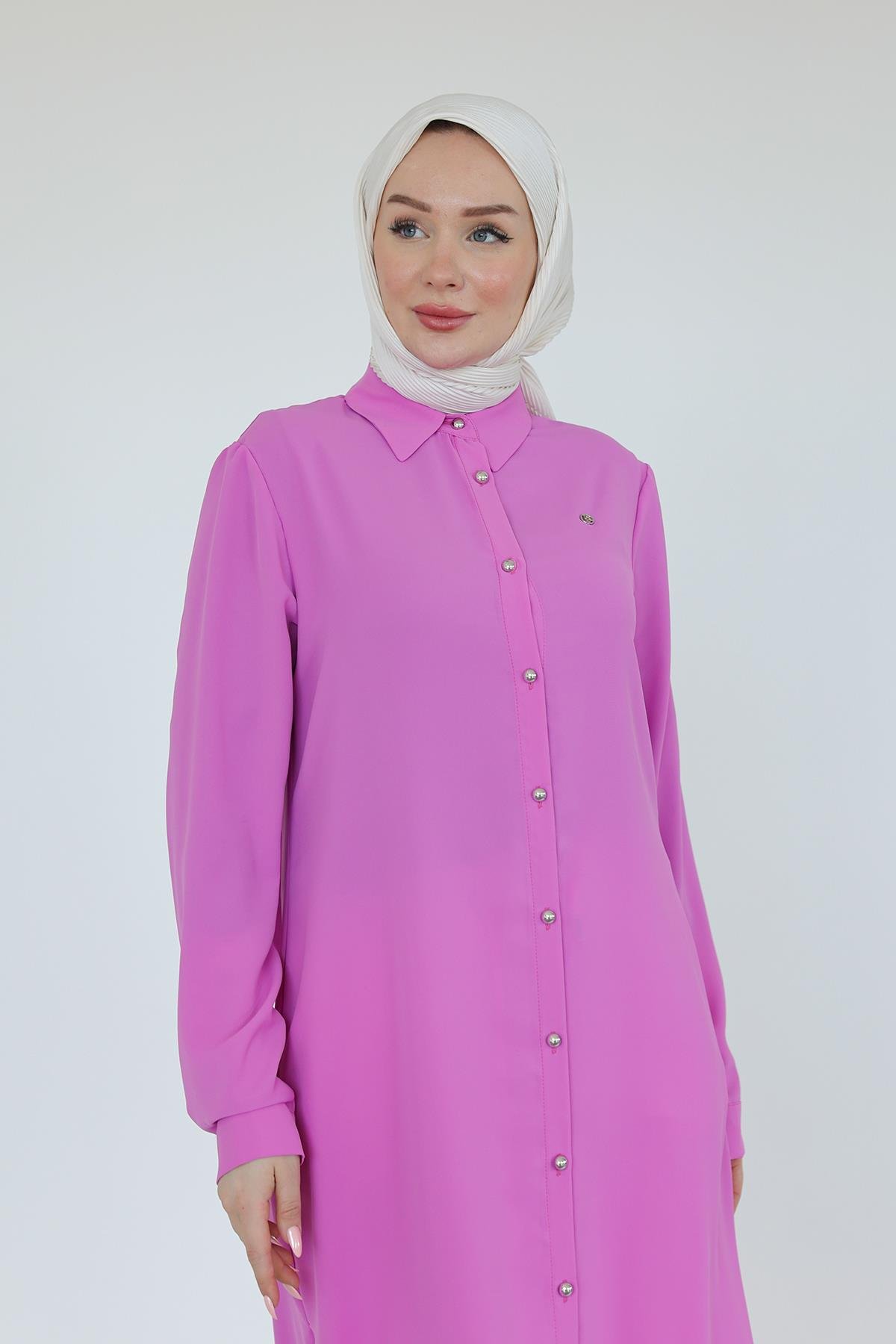 ARMİNE TREND Gömlek Yaka Boydan Düğmeli Tunik-Pembe 25YT448