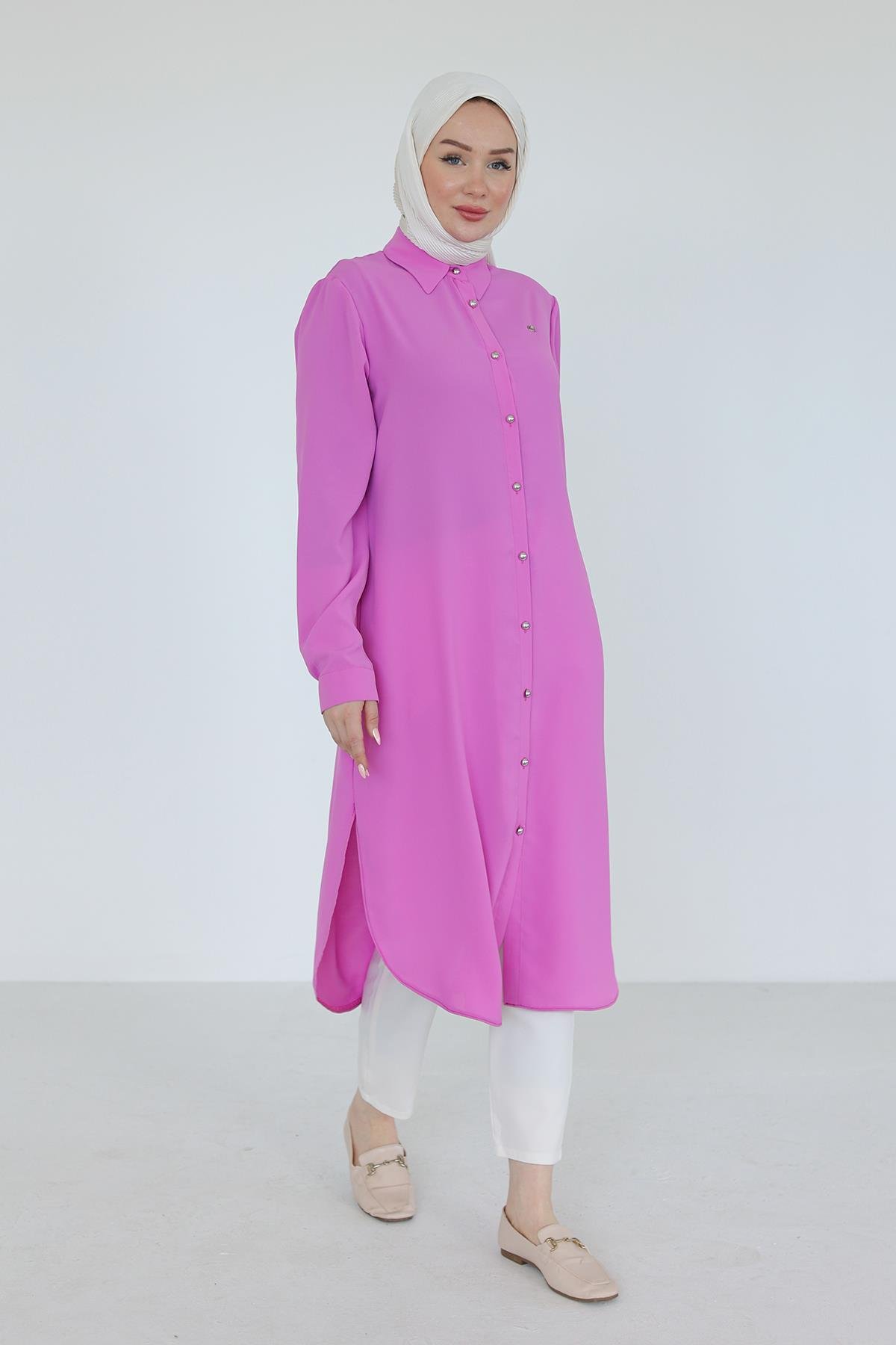 ARMİNE TREND Gömlek Yaka Boydan Düğmeli Tunik-Pembe 25YT448