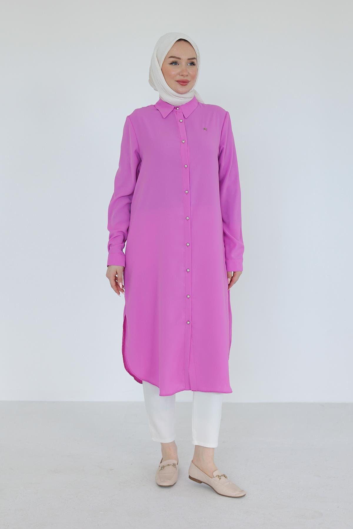 ARMİNE TREND Gömlek Yaka Boydan Düğmeli Tunik-Pembe 25YT448