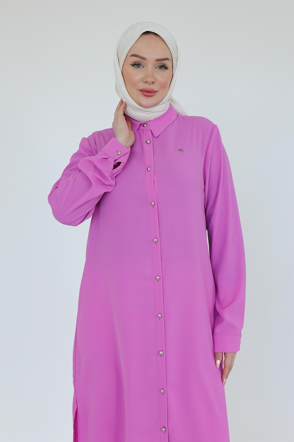 ARMİNE TREND Gömlek Yaka Boydan Düğmeli Tunik-Pembe 25YT448