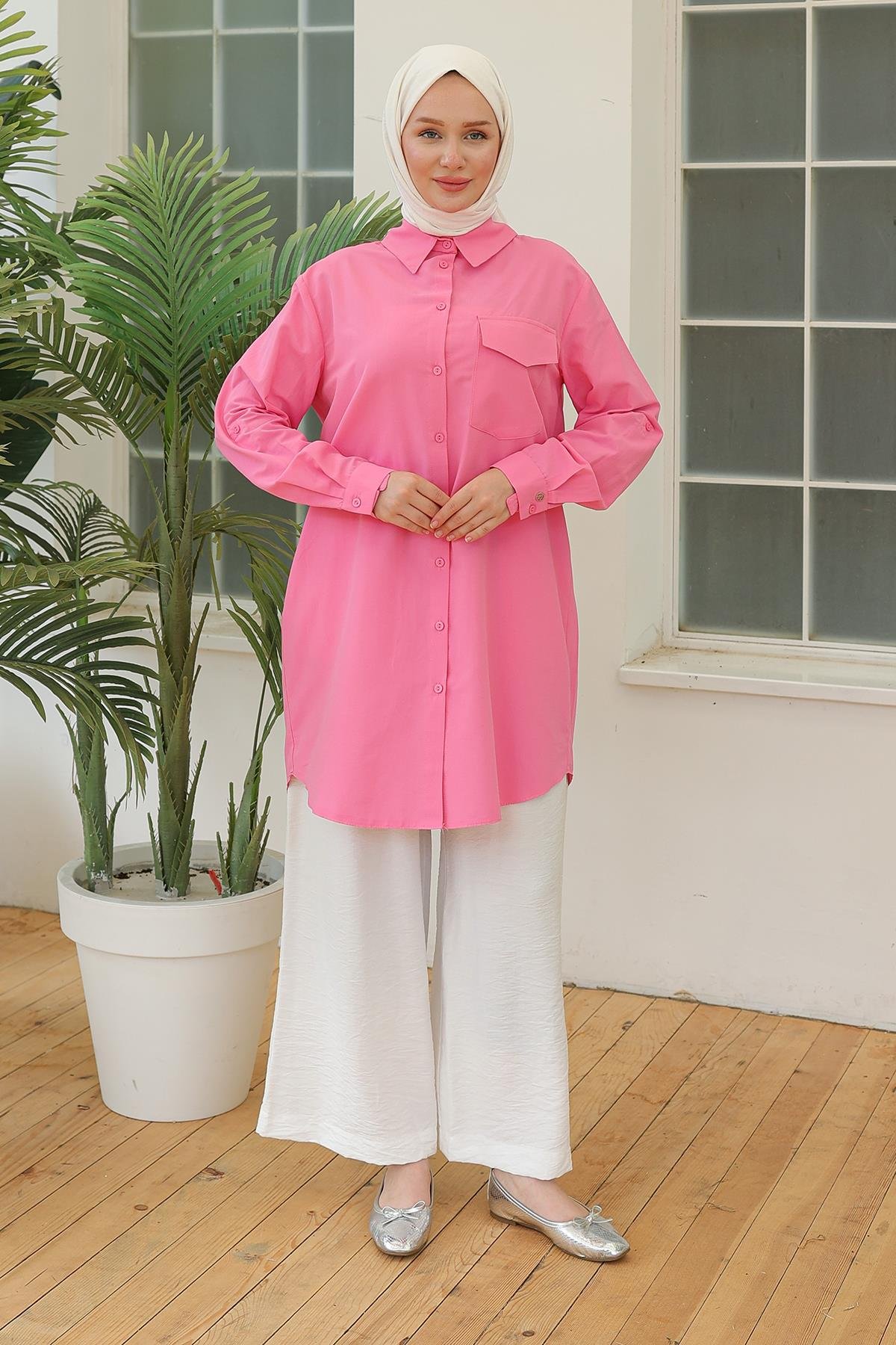 ARMİNE TREND Gömlek Yaka Cepli Tunik Pembe 24YT470