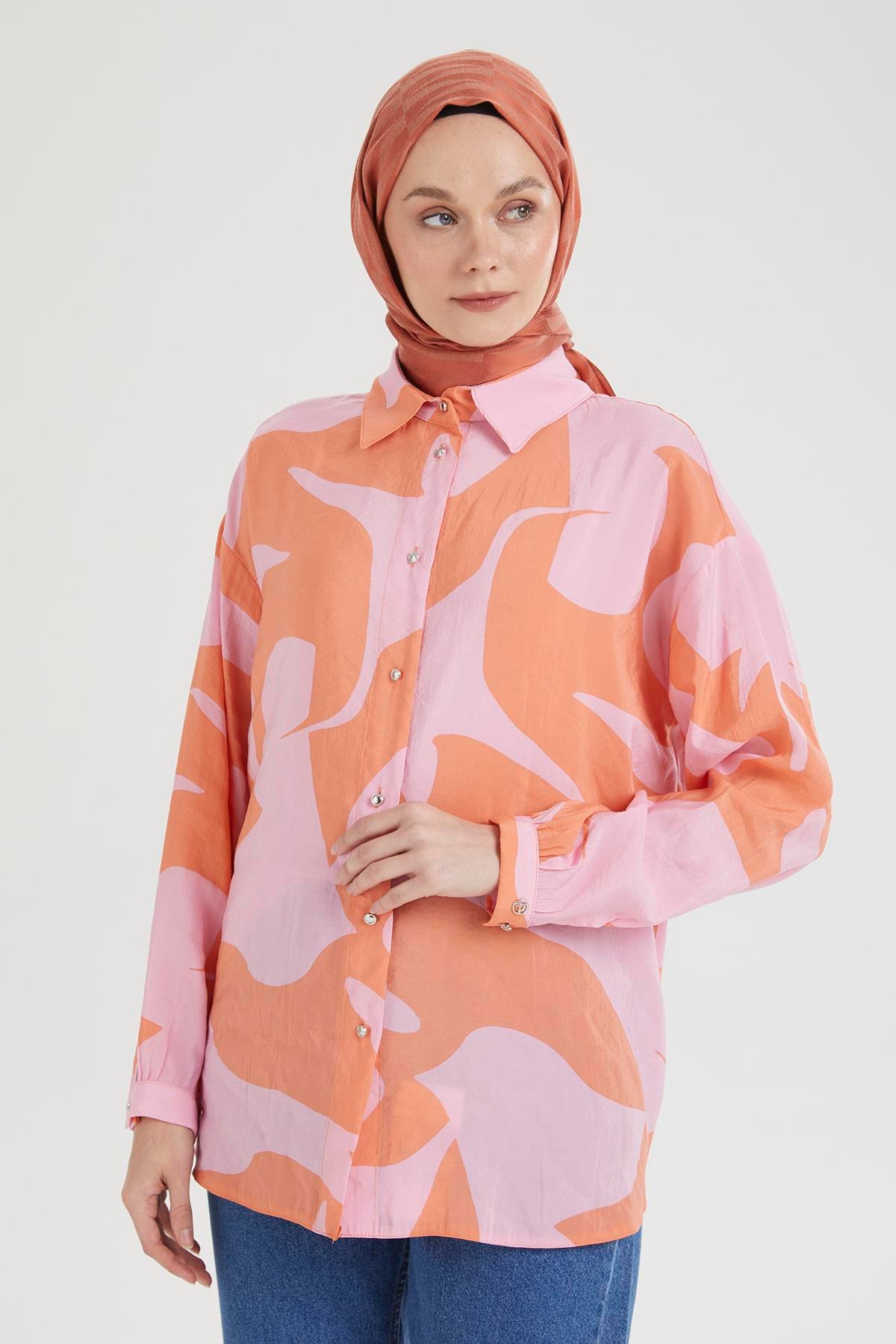 ARMİNE TREND Gömlek Yaka Düğmeli Basic Tunik-Pembe 25YT487