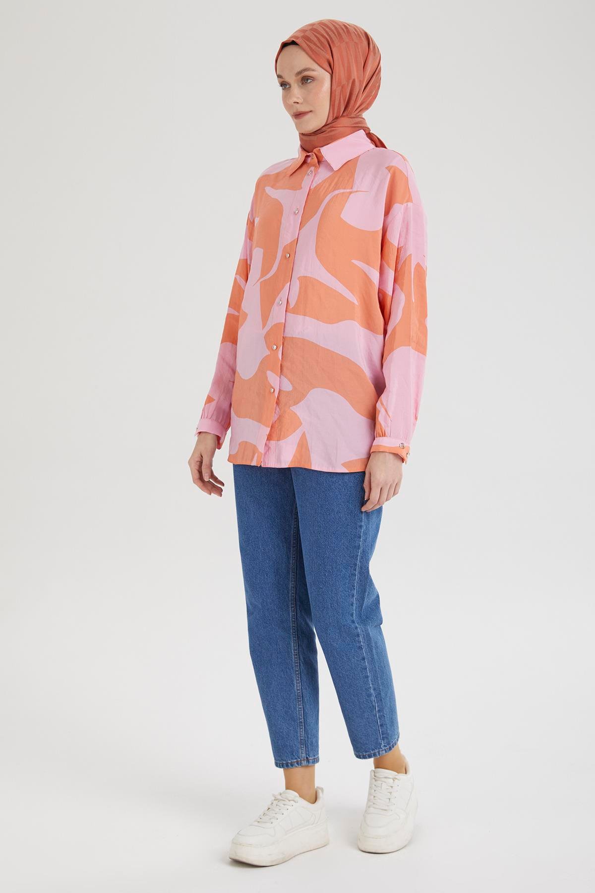 ARMİNE TREND Gömlek Yaka Düğmeli Basic Tunik-Pembe 25YT487
