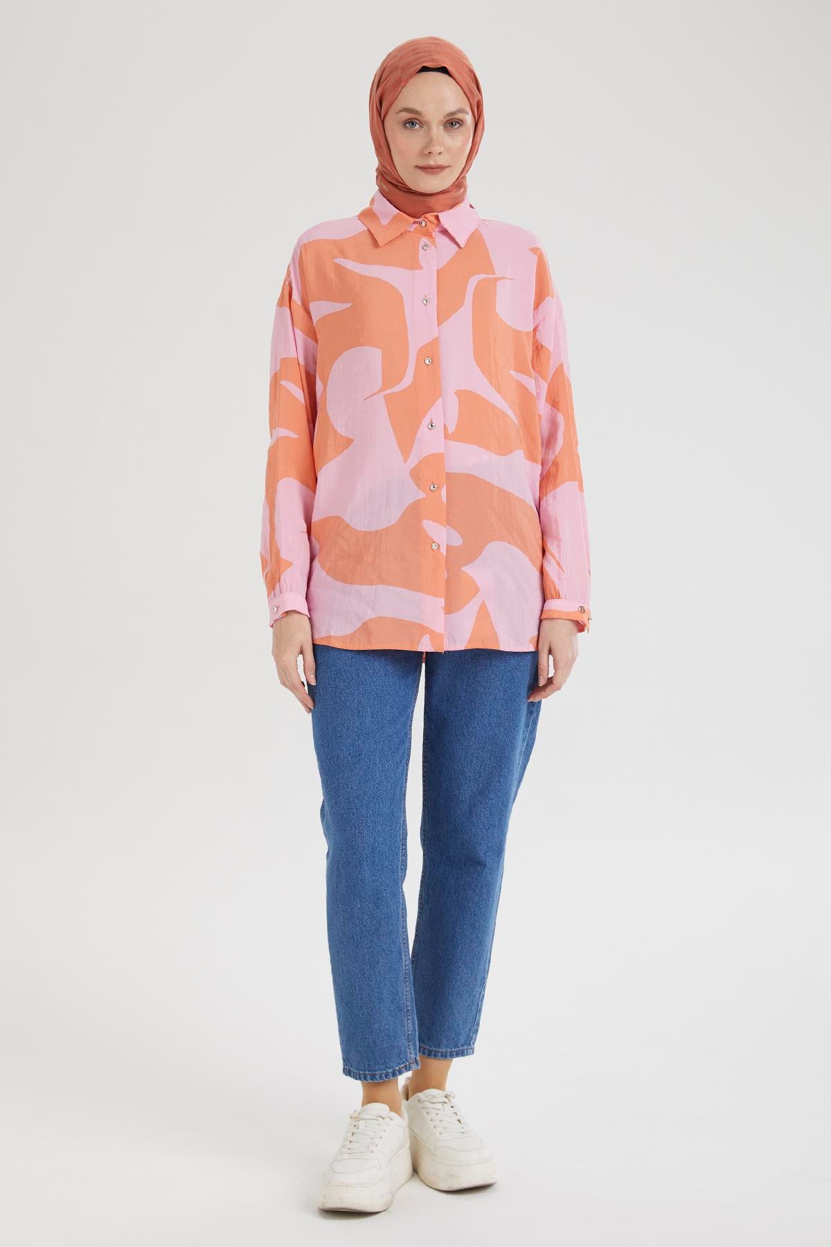 ARMİNE TREND Gömlek Yaka Düğmeli Basic Tunik-Pembe 25YT487