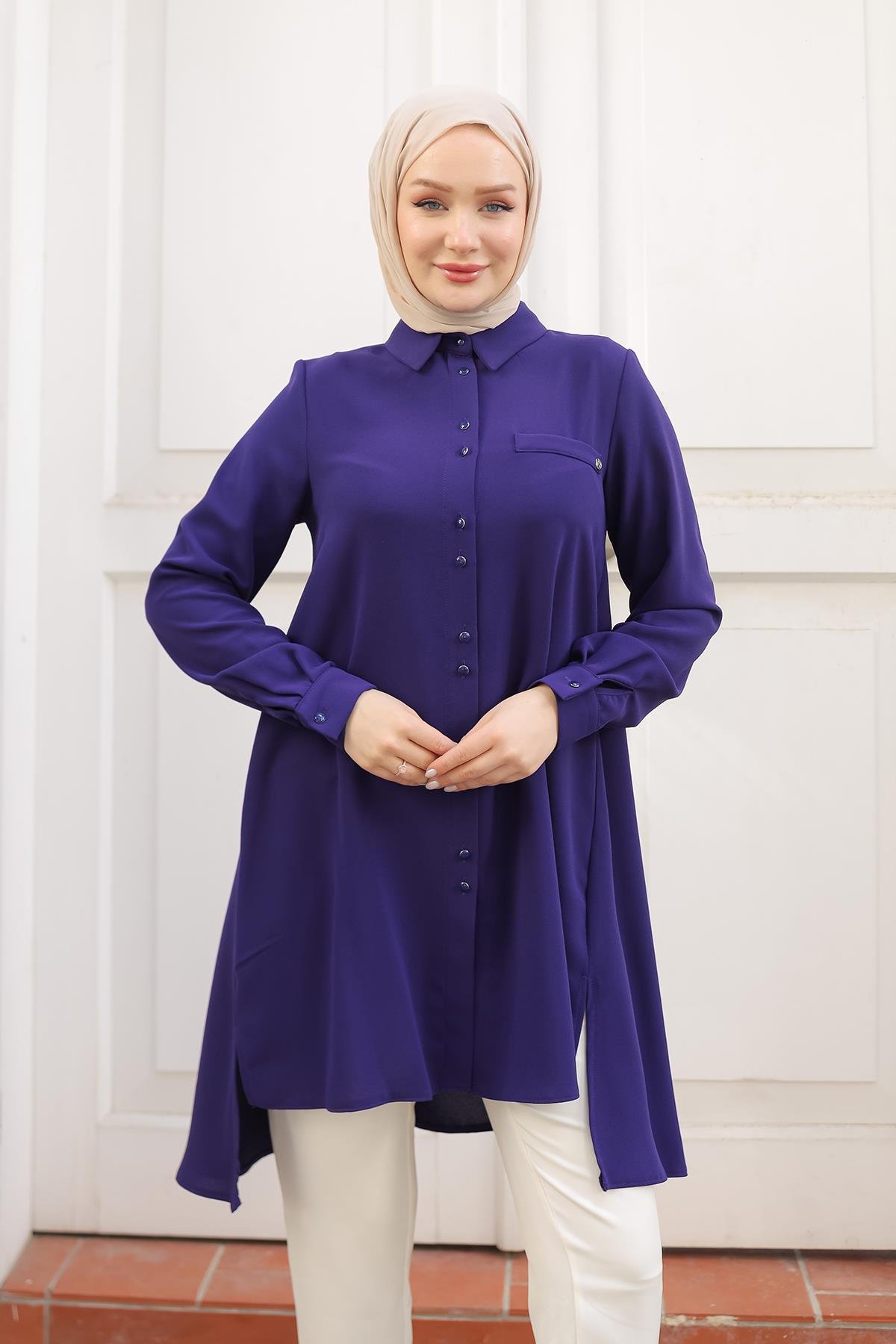 ARMİNE TREND Gömlek Yaka Düğmeli Tunik-Morcivert 24KT444