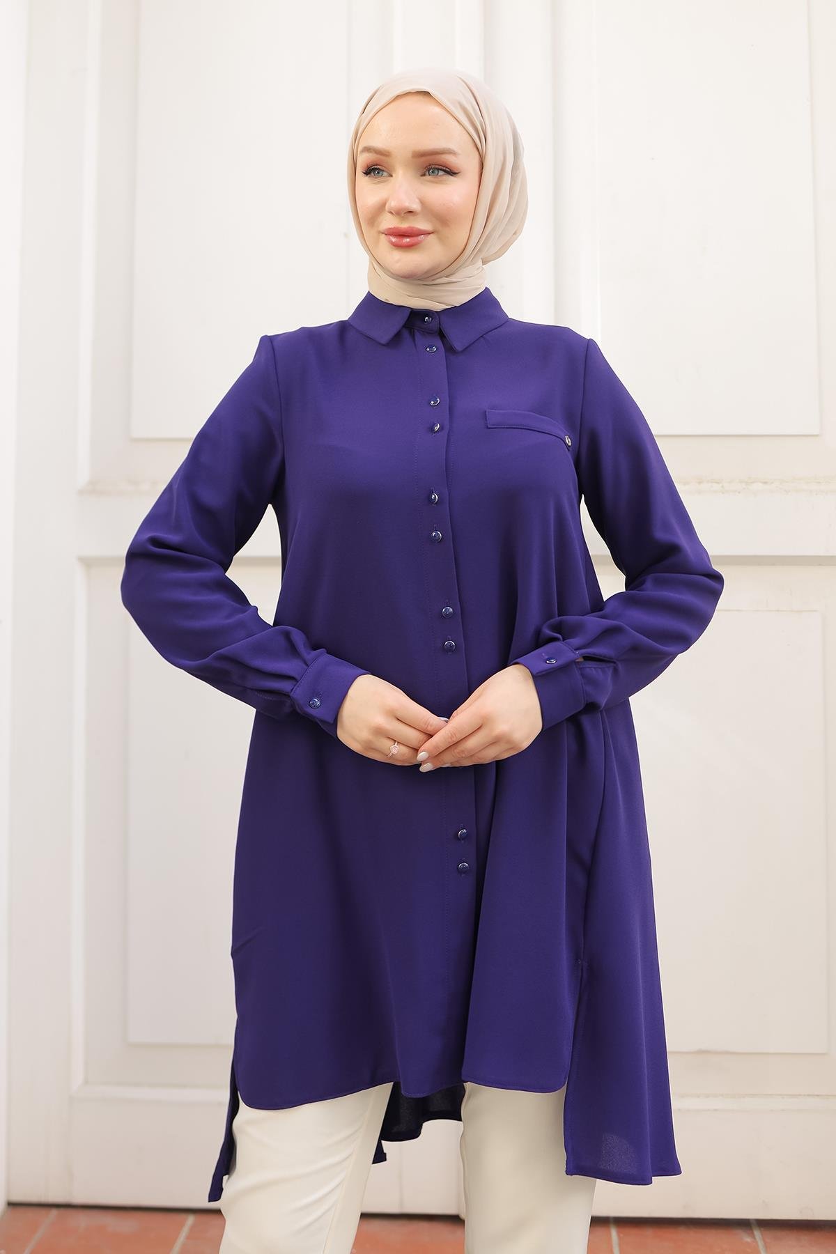 ARMİNE TREND Gömlek Yaka Düğmeli Tunik-Morcivert 24KT444
