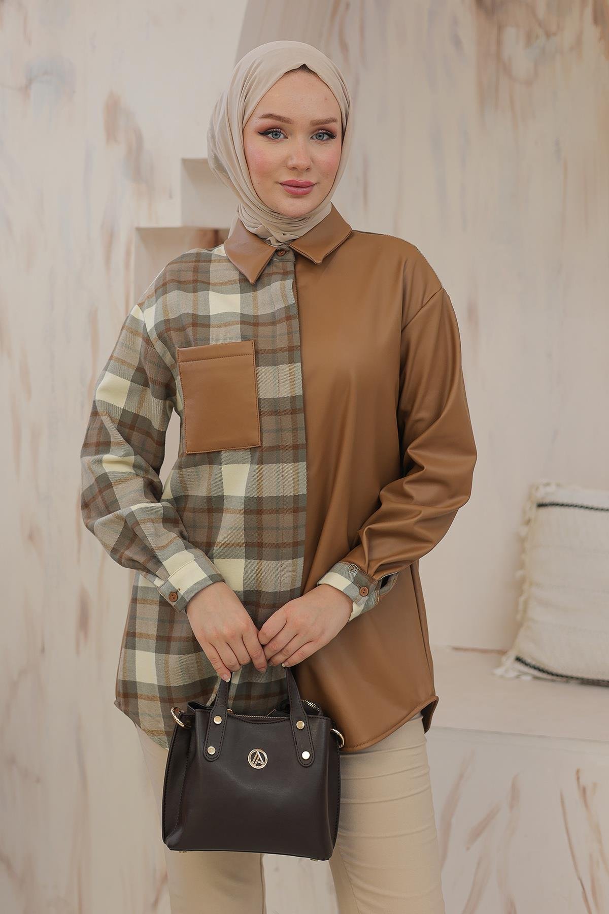 ARMİNE TREND Gömlek Yaka Gizli Düğmeli Tunik Taba 24KT405