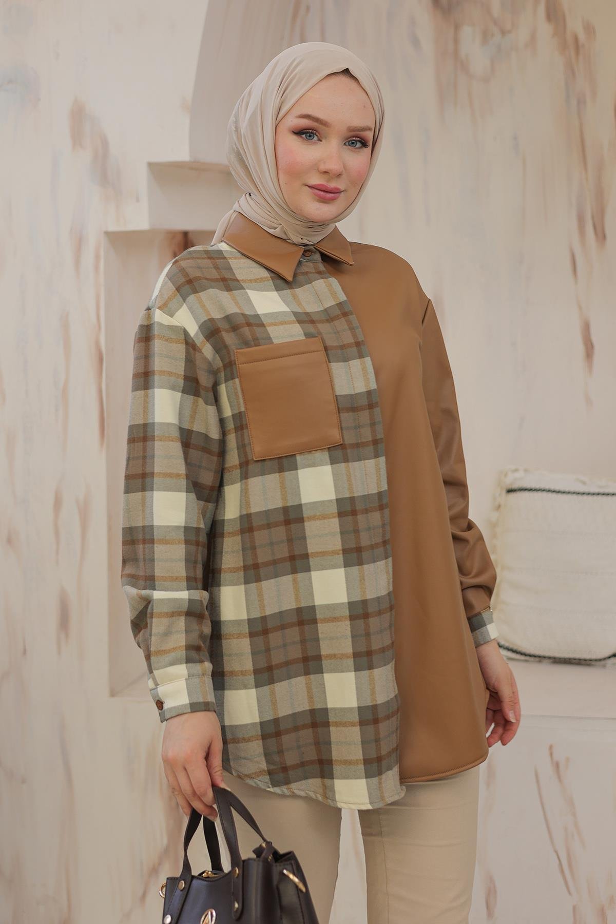 ARMİNE TREND Gömlek Yaka Gizli Düğmeli Tunik Taba 24KT405