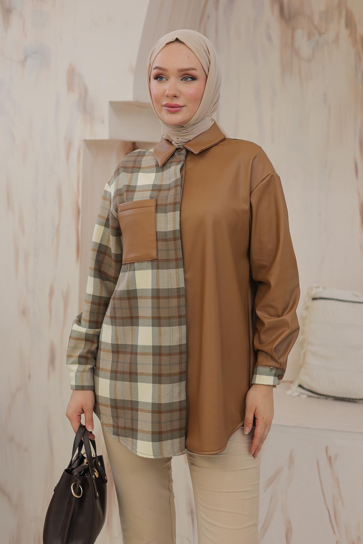 ARMİNE TREND Gömlek Yaka Gizli Düğmeli Tunik Taba 24KT405