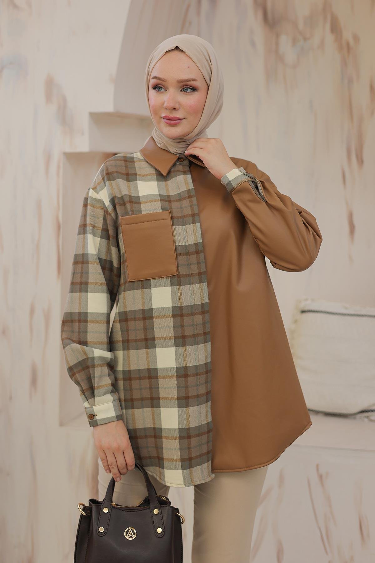 ARMİNE TREND Gömlek Yaka Gizli Düğmeli Tunik Taba 24KT405