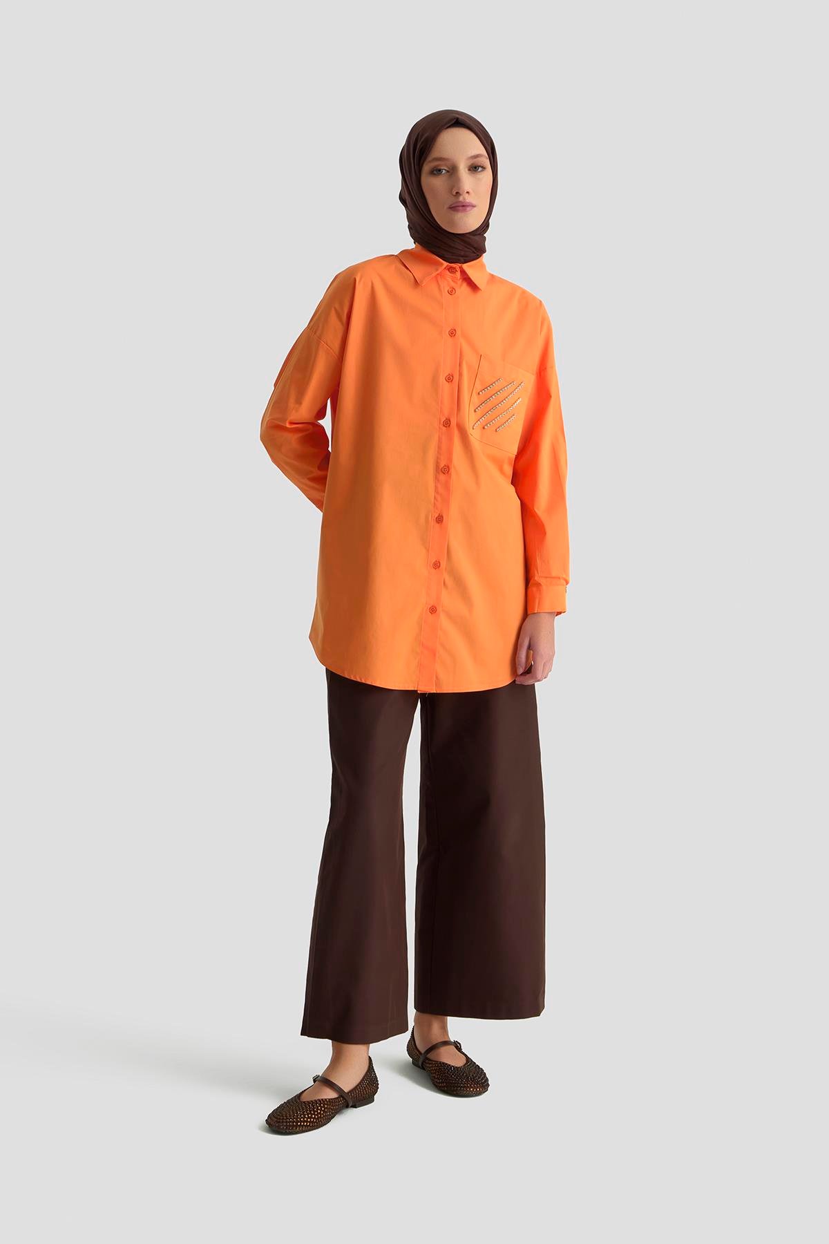 ARMİNE TREND Gömlek Yaka Taş Detaylı Tunik-Oranj 25YT306