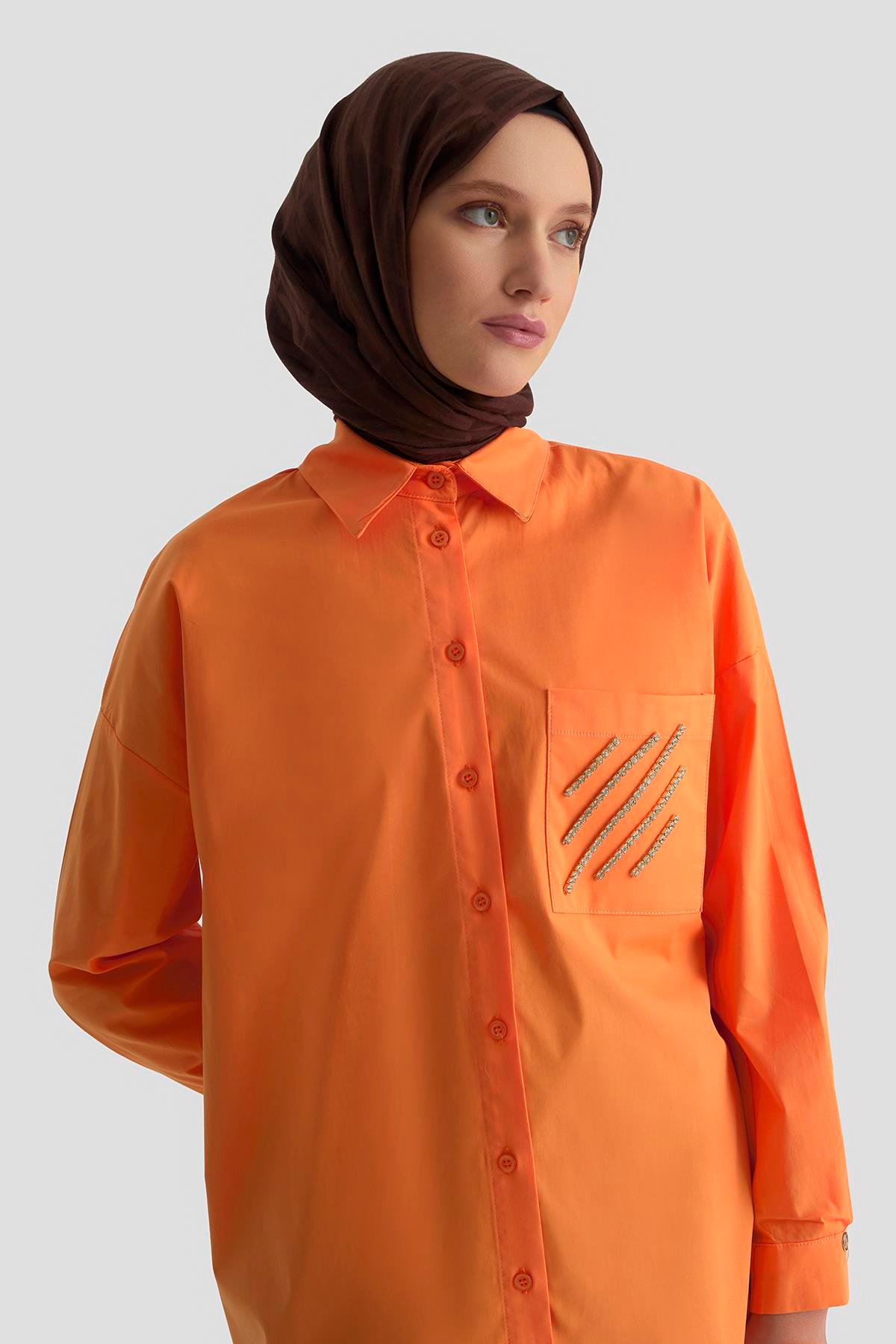 ARMİNE TREND Gömlek Yaka Taş Detaylı Tunik-Oranj 25YT306