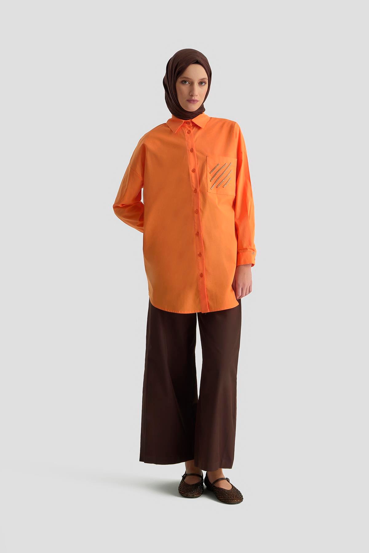 ARMİNE TREND Gömlek Yaka Taş Detaylı Tunik-Oranj 25YT306