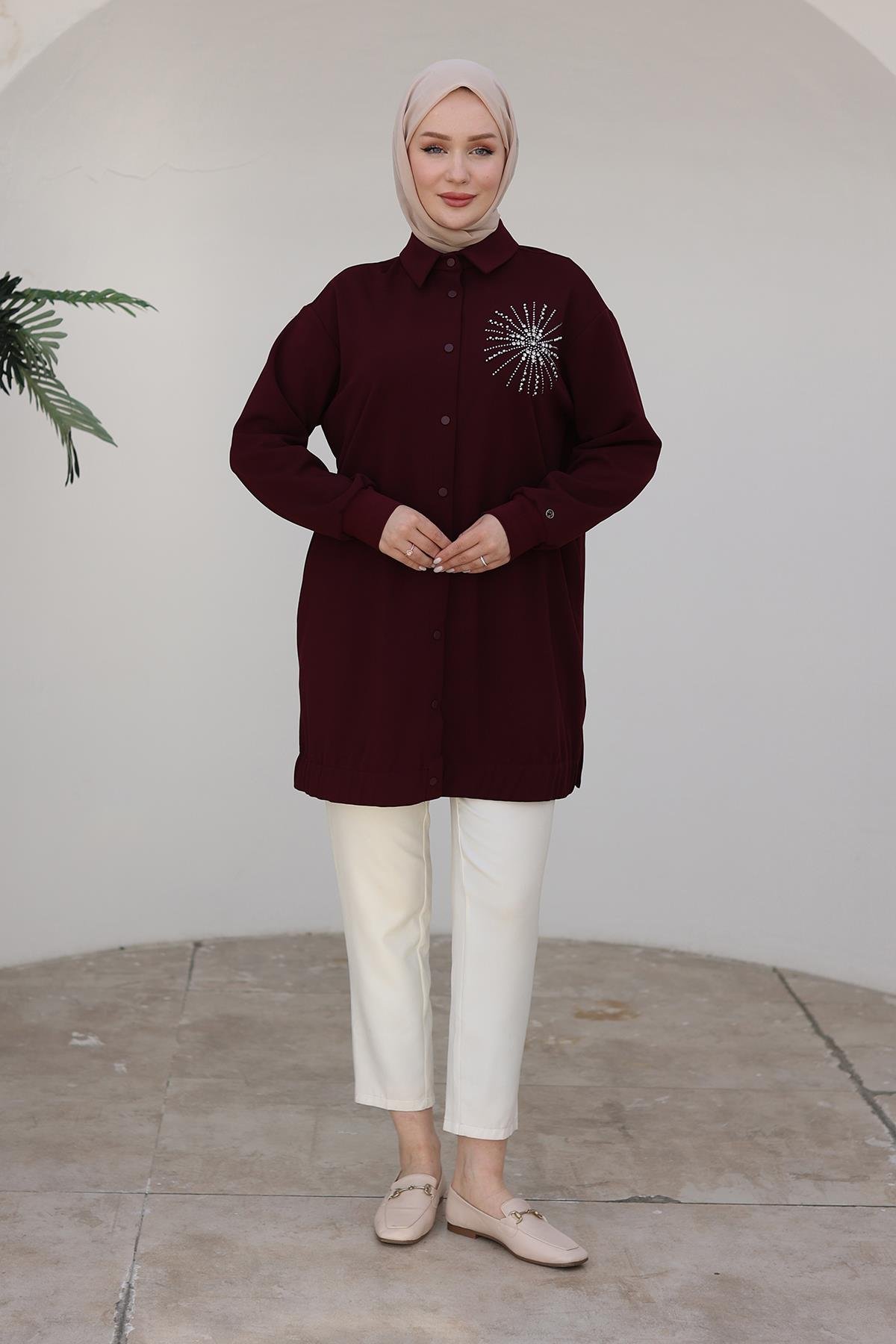 ARMİNE TREND Gömlek Yakalı Çıt Çıt Düğmeli Taş Desenli Tunik-Bordo 24KT469