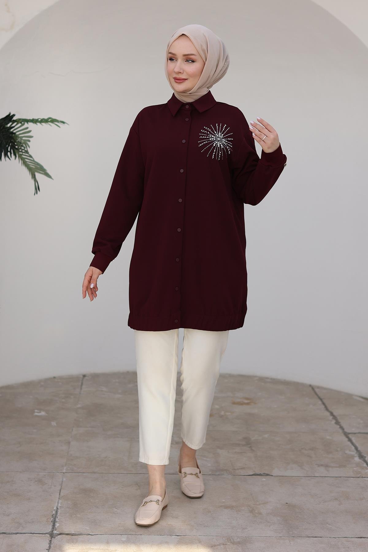 ARMİNE TREND Gömlek Yakalı Çıt Çıt Düğmeli Taş Desenli Tunik-Bordo 24KT469