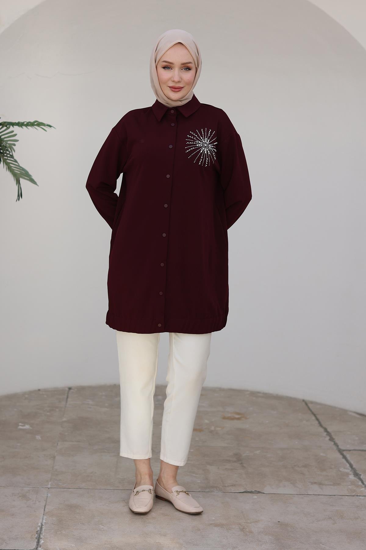 ARMİNE TREND Gömlek Yakalı Çıt Çıt Düğmeli Taş Desenli Tunik-Bordo 24KT469