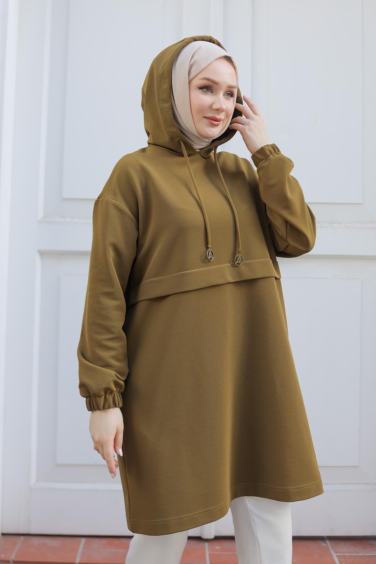 ARMİNE TREND Kapüşonlu Kolları Lastikli Tunik-Yağ Yeşili 24KT454