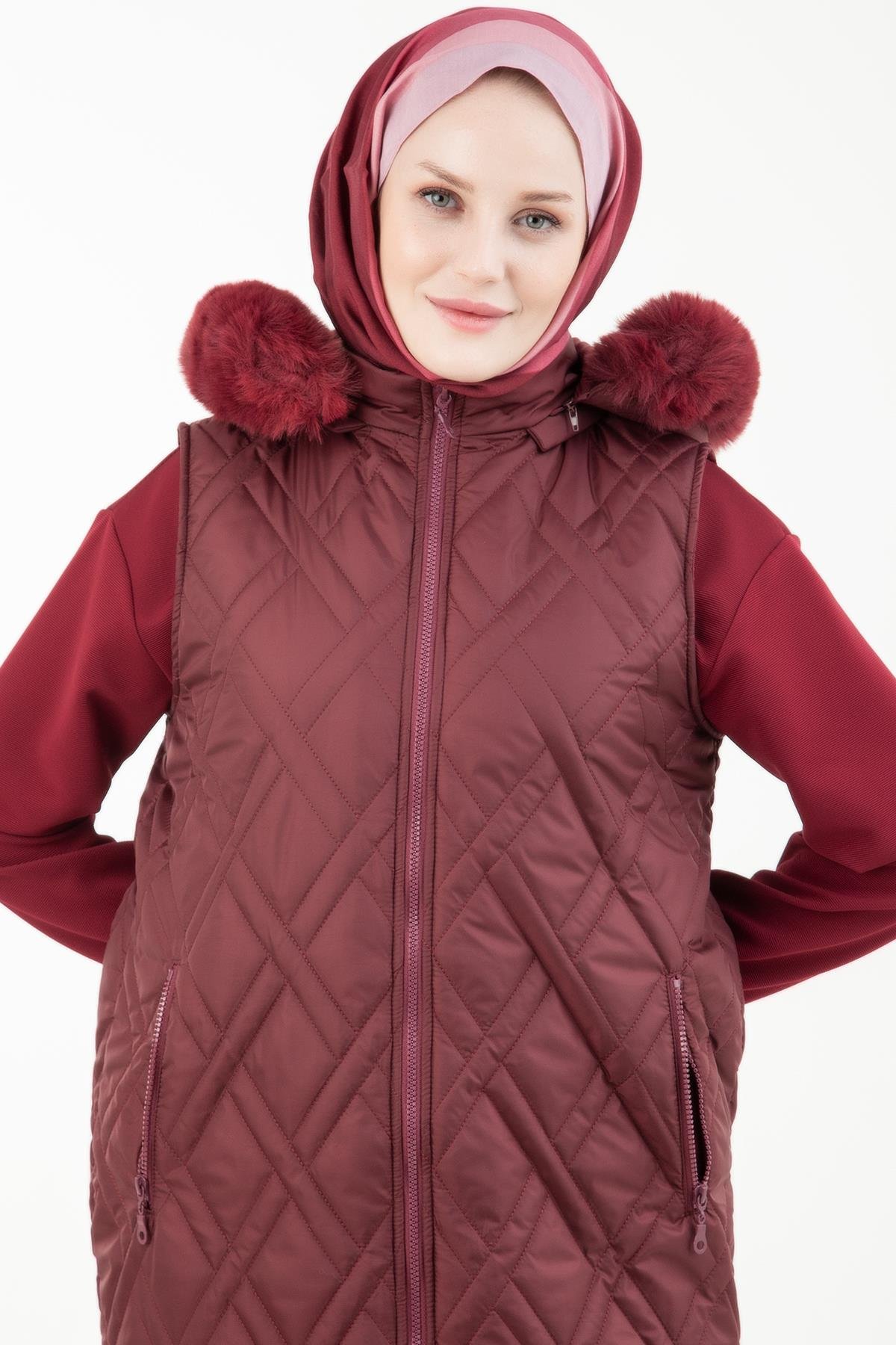 ARMİNE TREND Kapüşonu Kürklü Kapitone Yelek-Bordo 23KT507
