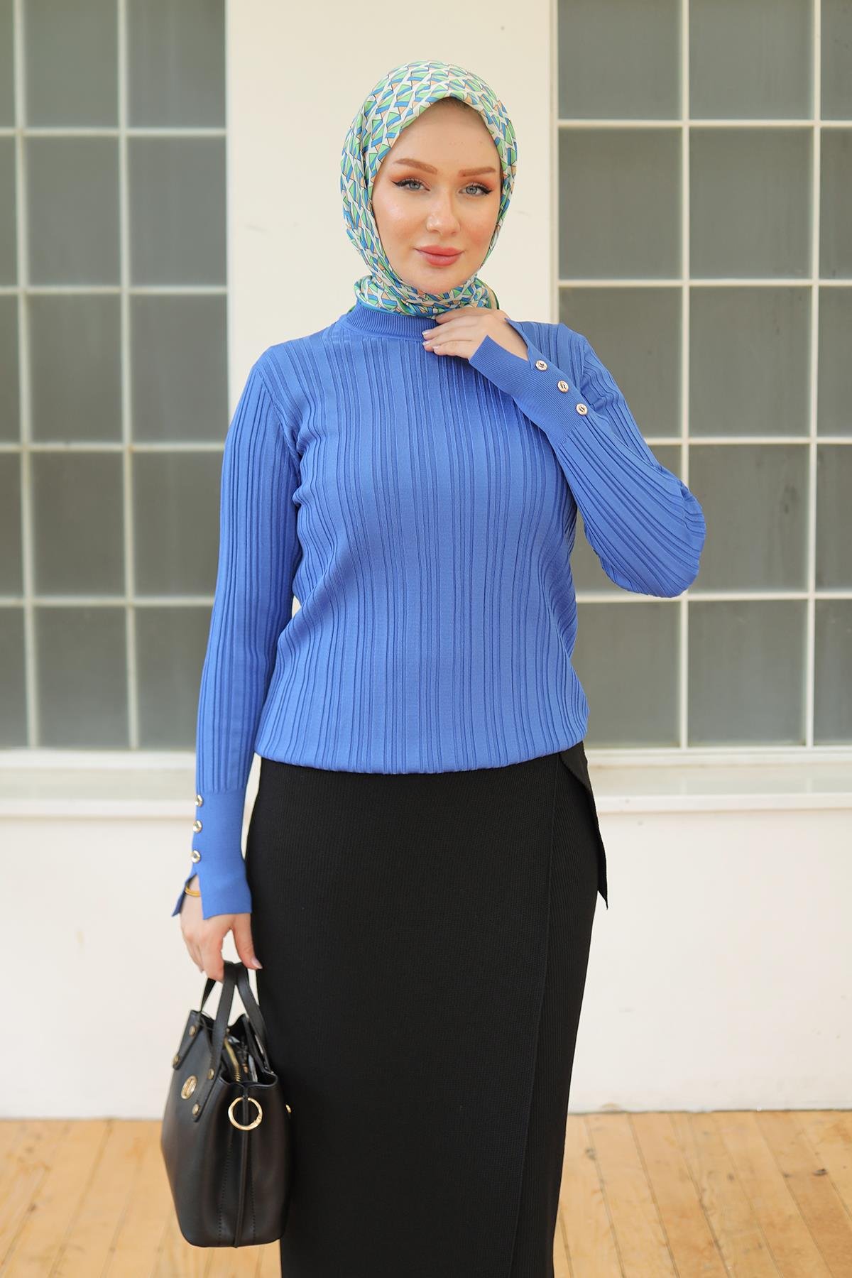 ARMİNE TREND Kolları Düğme Detaylı Triko Tunik-Saks 24KTD301