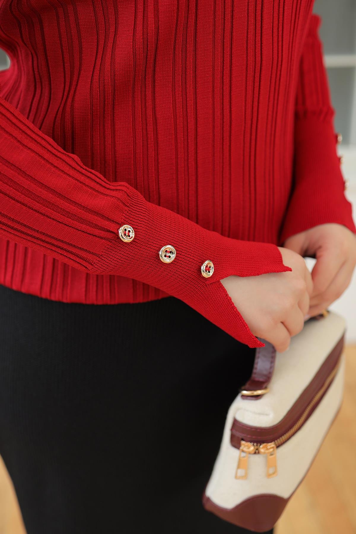 ARMİNE TREND Kolları Düğme Detaylı Triko Tunik-Kırmızı 24KTD301