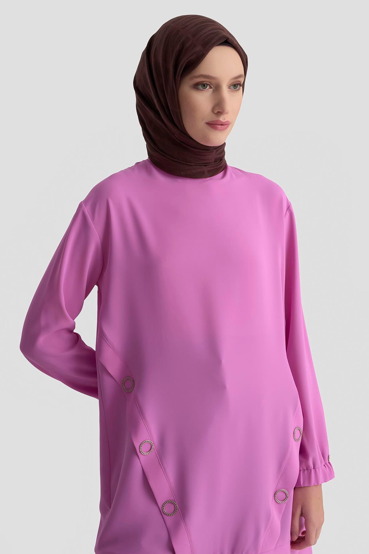 ARMİNE TREND Kolları Lastikli Aksesuar Detaylı Bisiklet Yaka Tunik 25YT415 Pembe