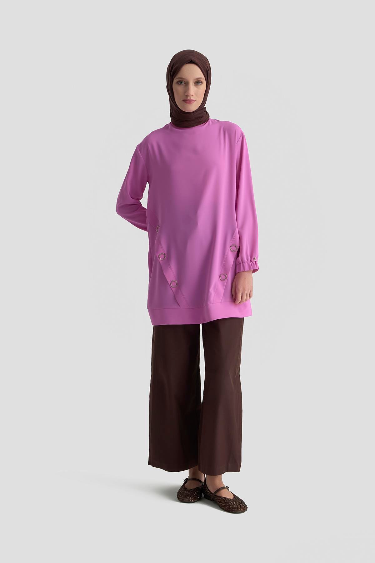 ARMİNE TREND Kolları Lastikli Aksesuar Detaylı Bisiklet Yaka Tunik 25YT415 Pembe