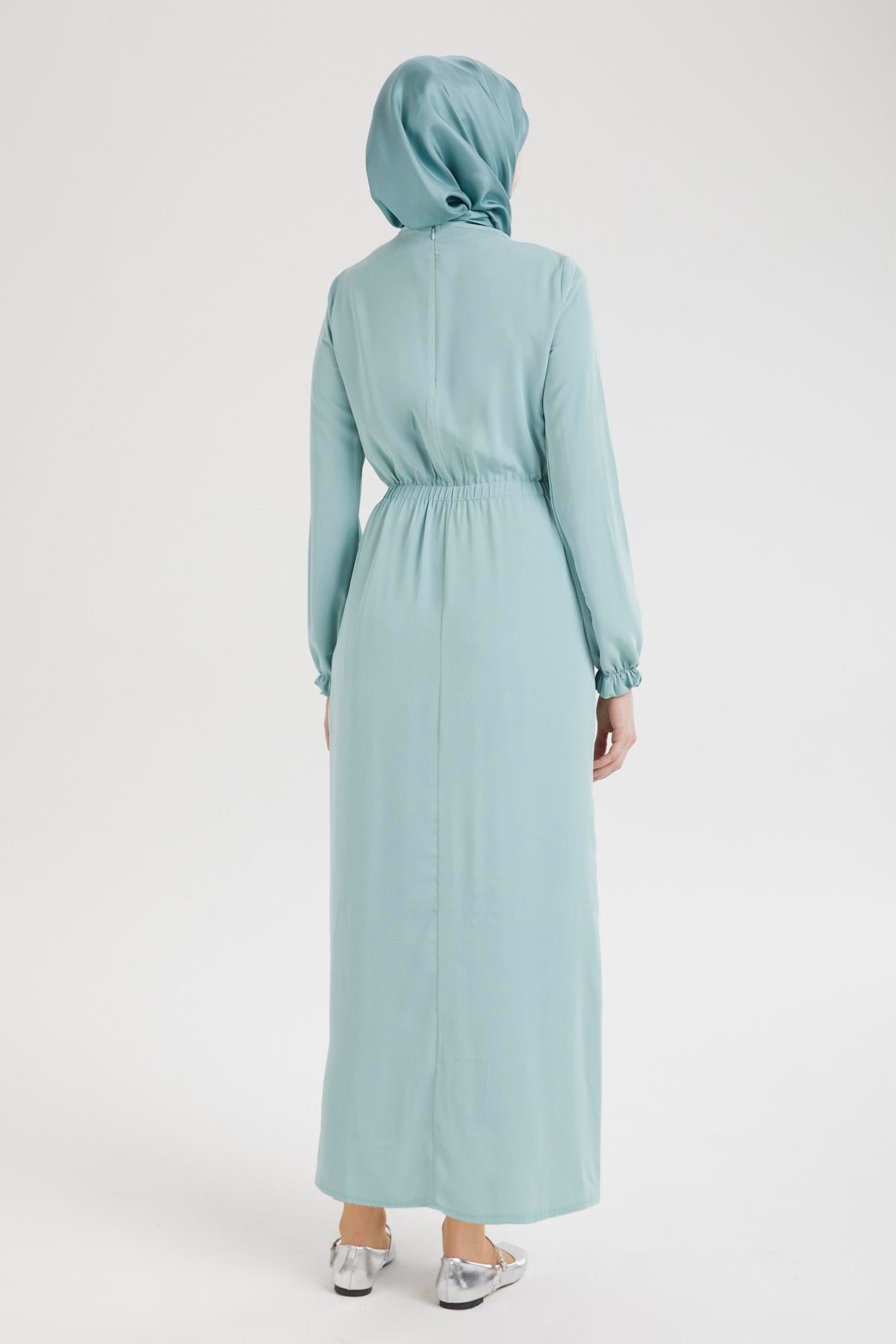 ARMİNE TREND Kolları Lastikli V Yaka Detaylı Elbise-Mint  25YT944