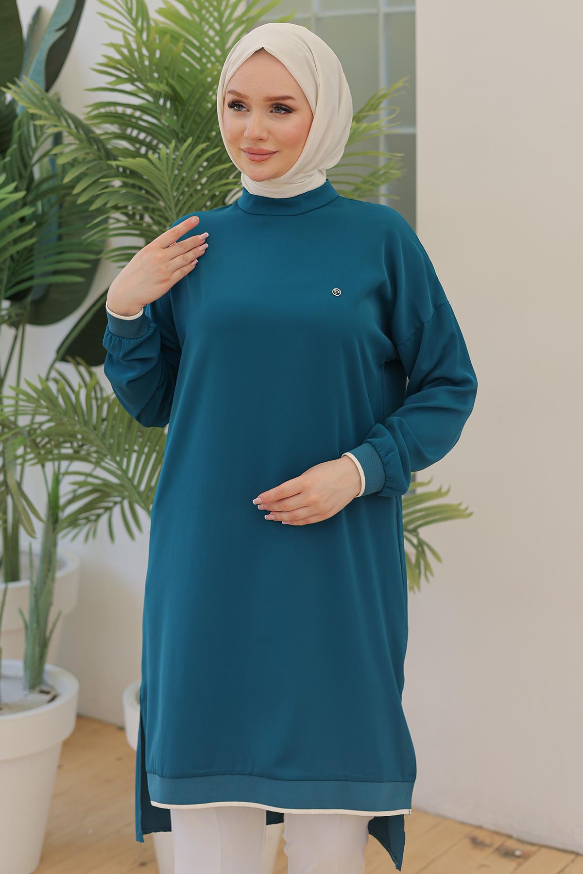 ARMİNE TREND Kolları Ribanalı Arkadan Uzatmalı Basic Tunik Petrol 24YT480